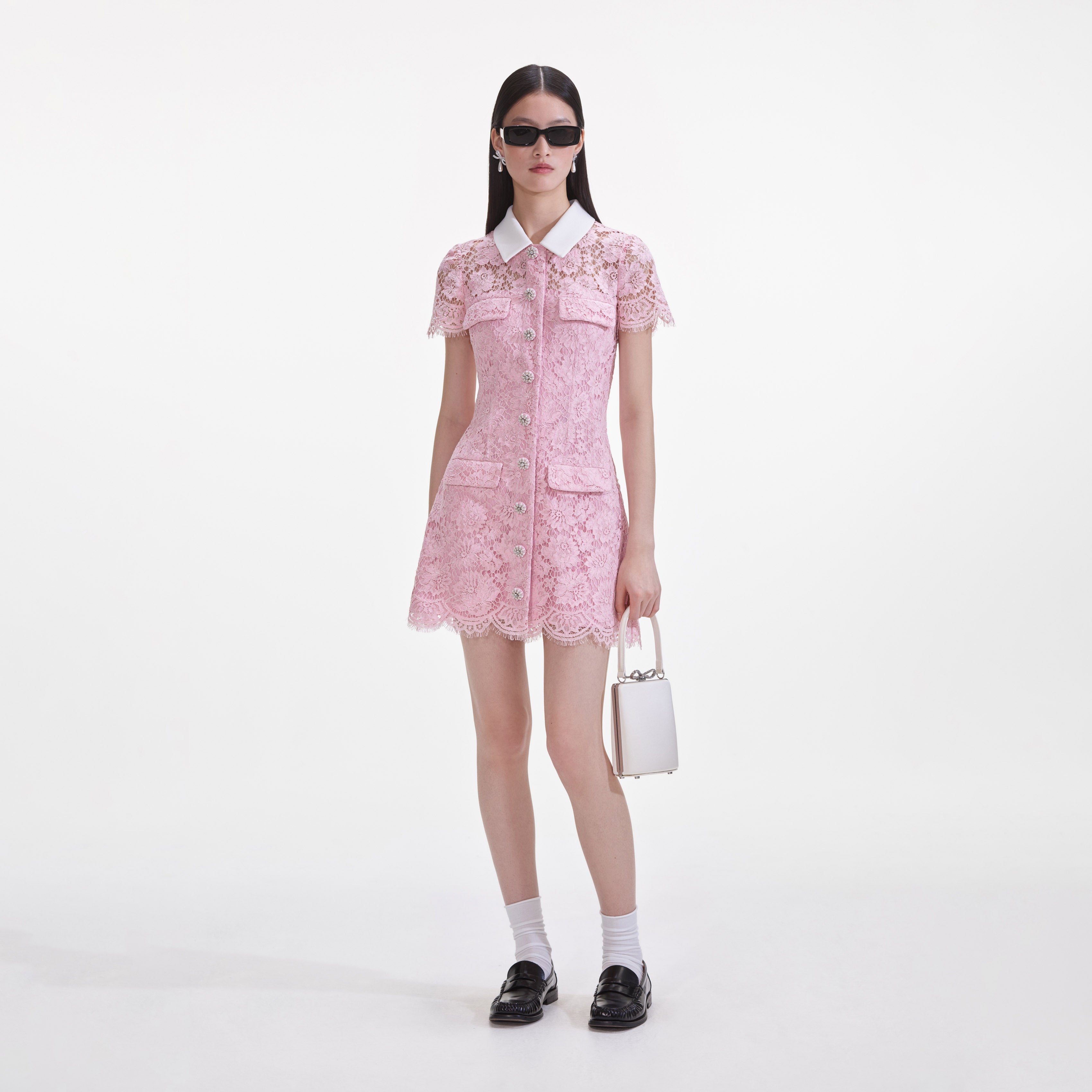 Pink Lace Contrast Collared Mini Dress Pink Lace Contrast Collared Mini Dress
