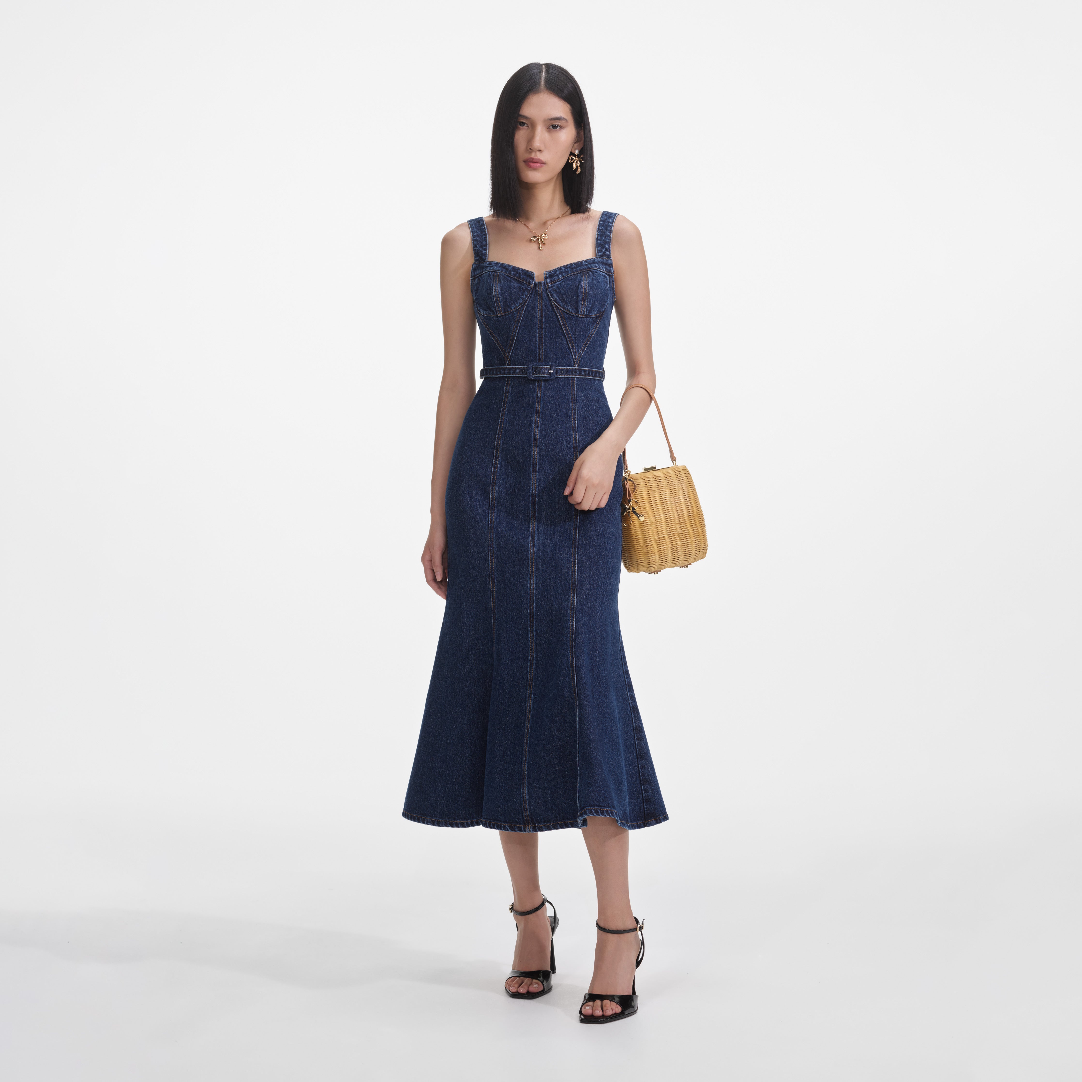 sweetheart denim dress The Timothy Sweetheart Denim Midi Dress large / MidnightBlue