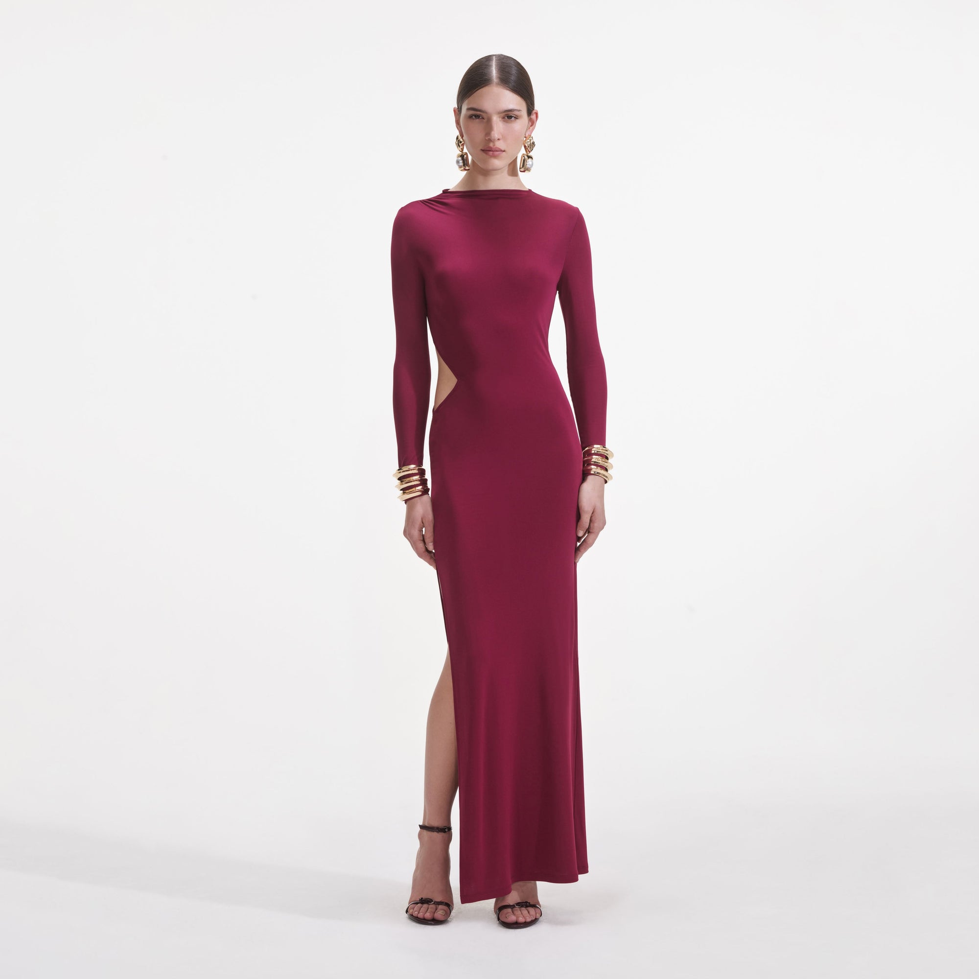 Front view of a woman wearing the Burgundy Jersey Gathered Midi Dress