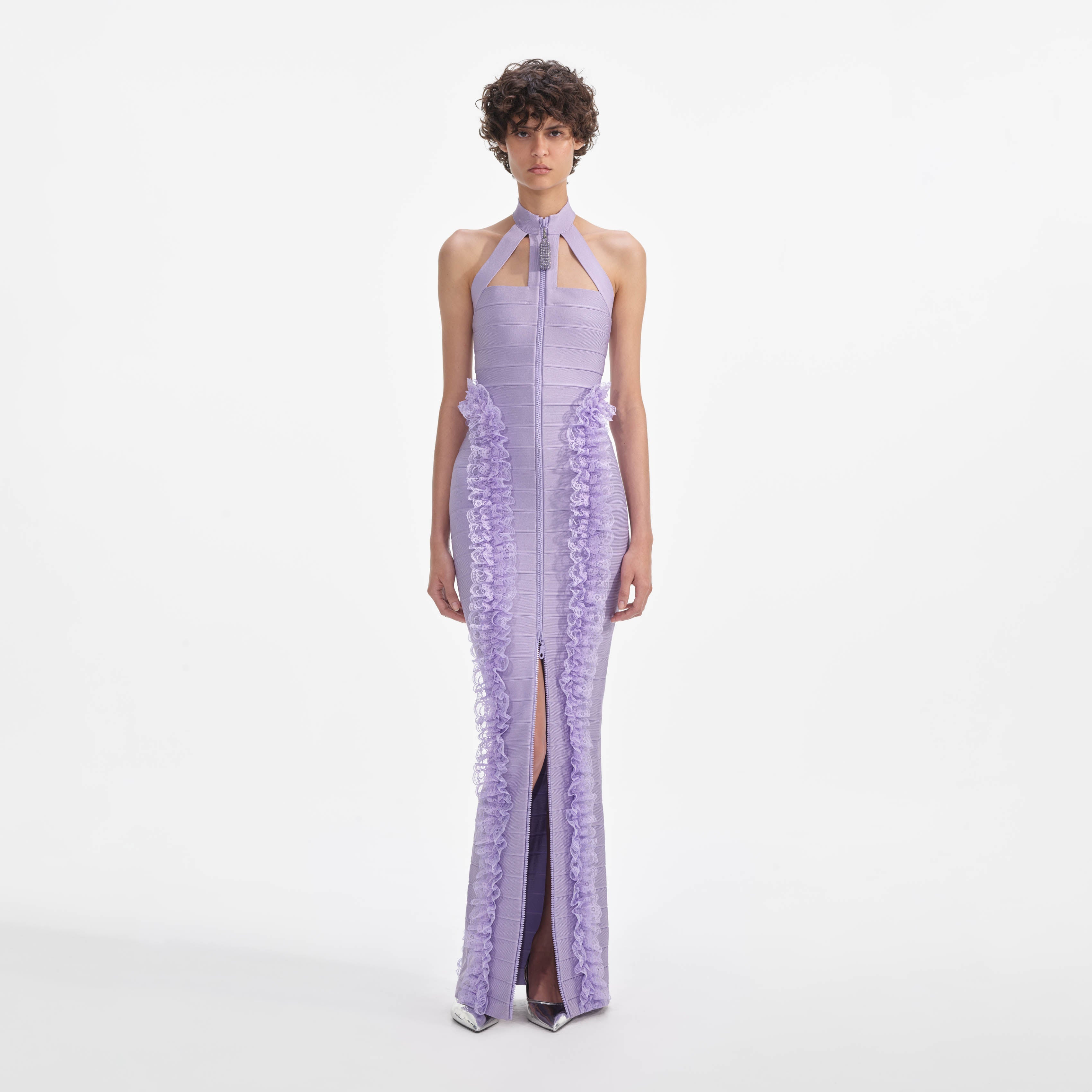 self-portrait - Purple Knit Zip Ruffle Maxi Dress self-portrait - Purple Knit Zip Ruffle Maxi Dress