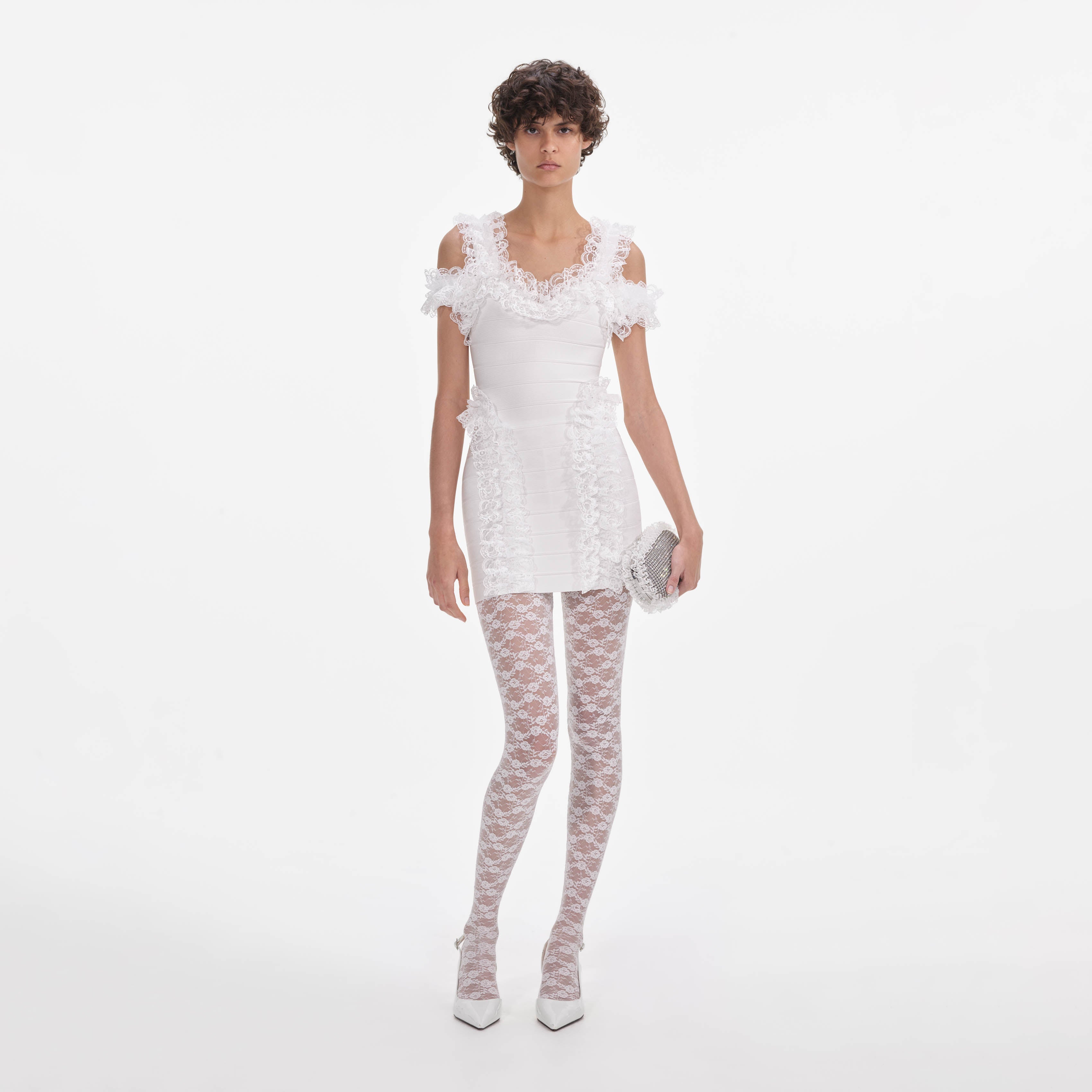 White Knit Ruffle Mini Dress – self-portrait-US White Knit Ruffle Mini Dress – self-portrait-US
