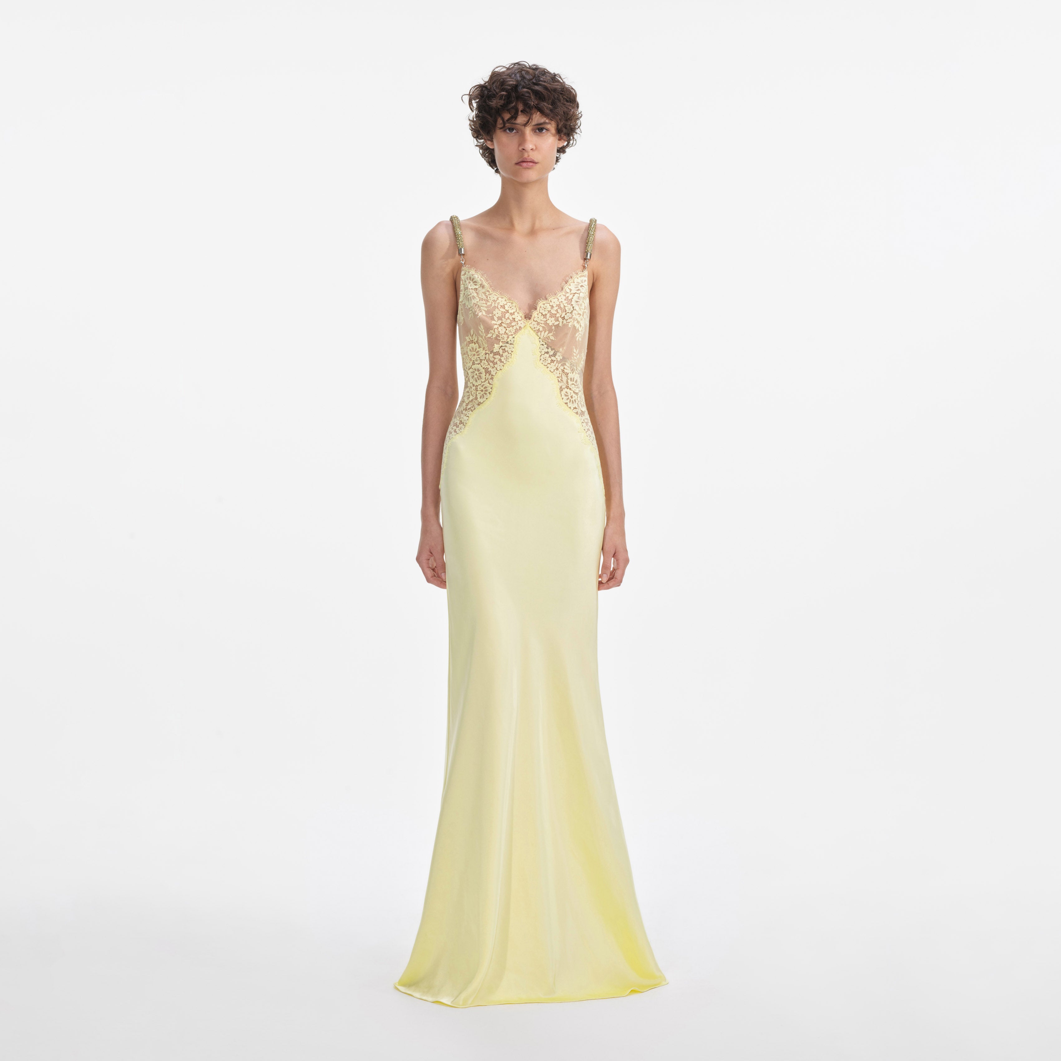 self-portrait - Yellow Lace Satin Maxi Dress - US 12 self-portrait - Yellow Lace Satin Maxi Dress - US 12