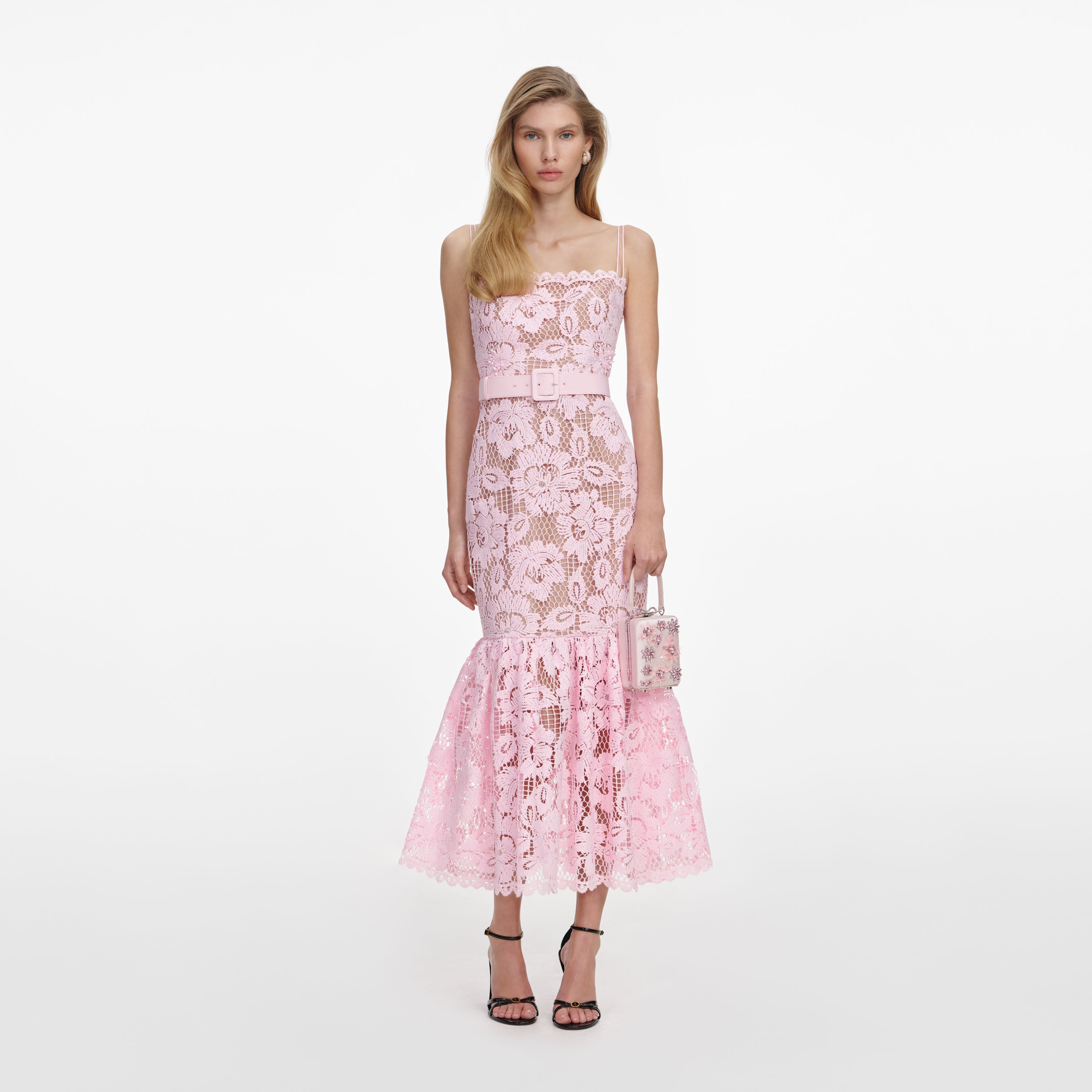 white christmas dresses Self-Portrait - Pink Crochet Lace Midi Dress