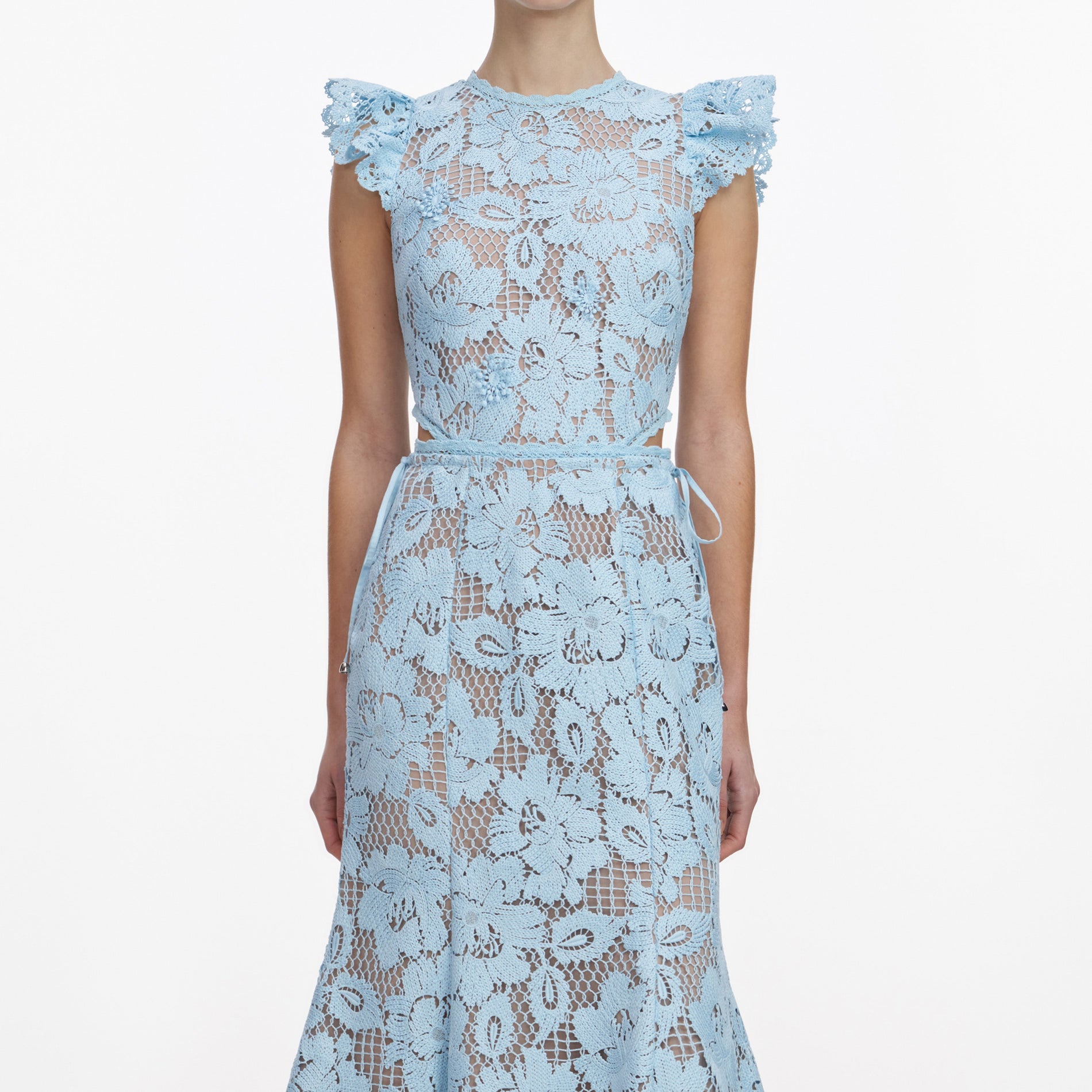 A close up of a woman wearing the Blue Crochet Lace Midi Dress