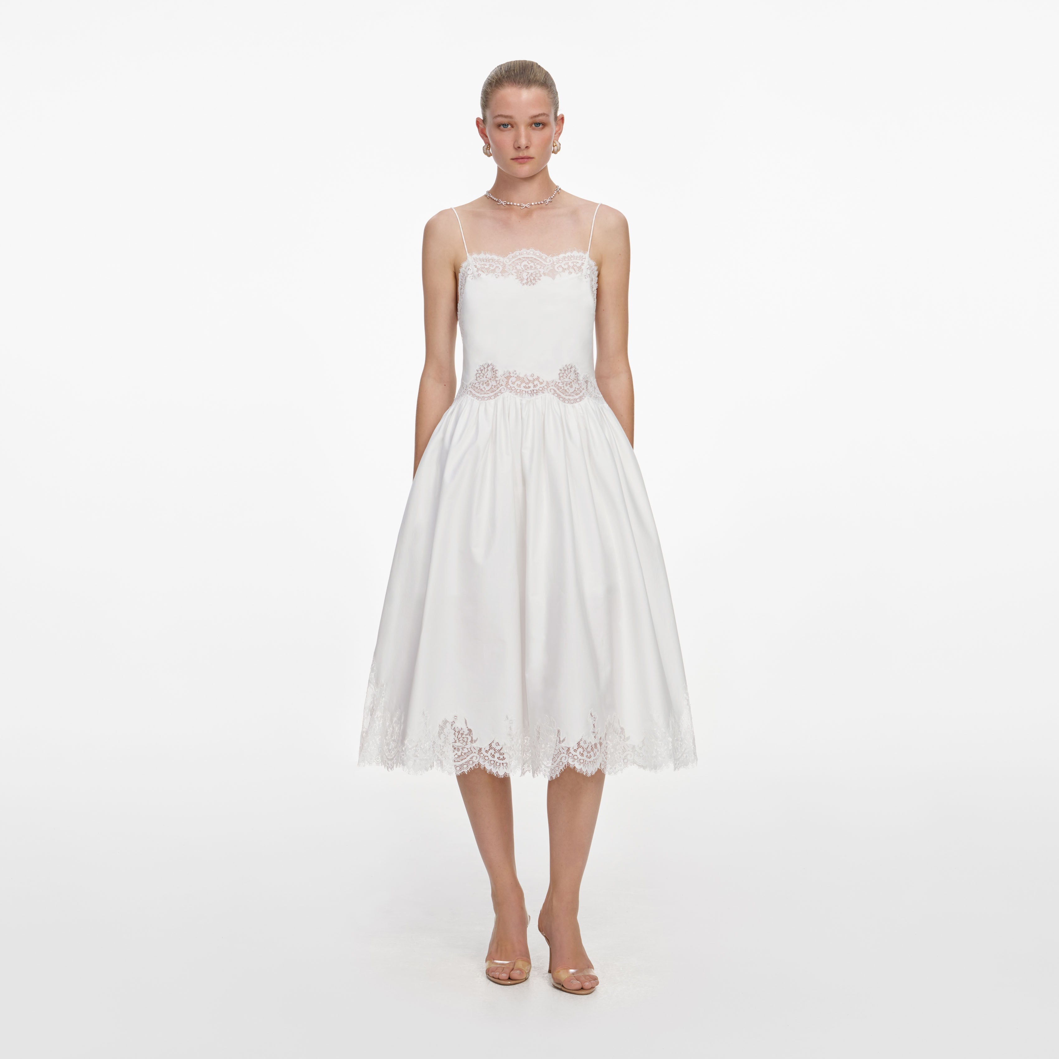 White Cotton Lace Trim Midi Dress White Cotton Lace Trim Midi Dress