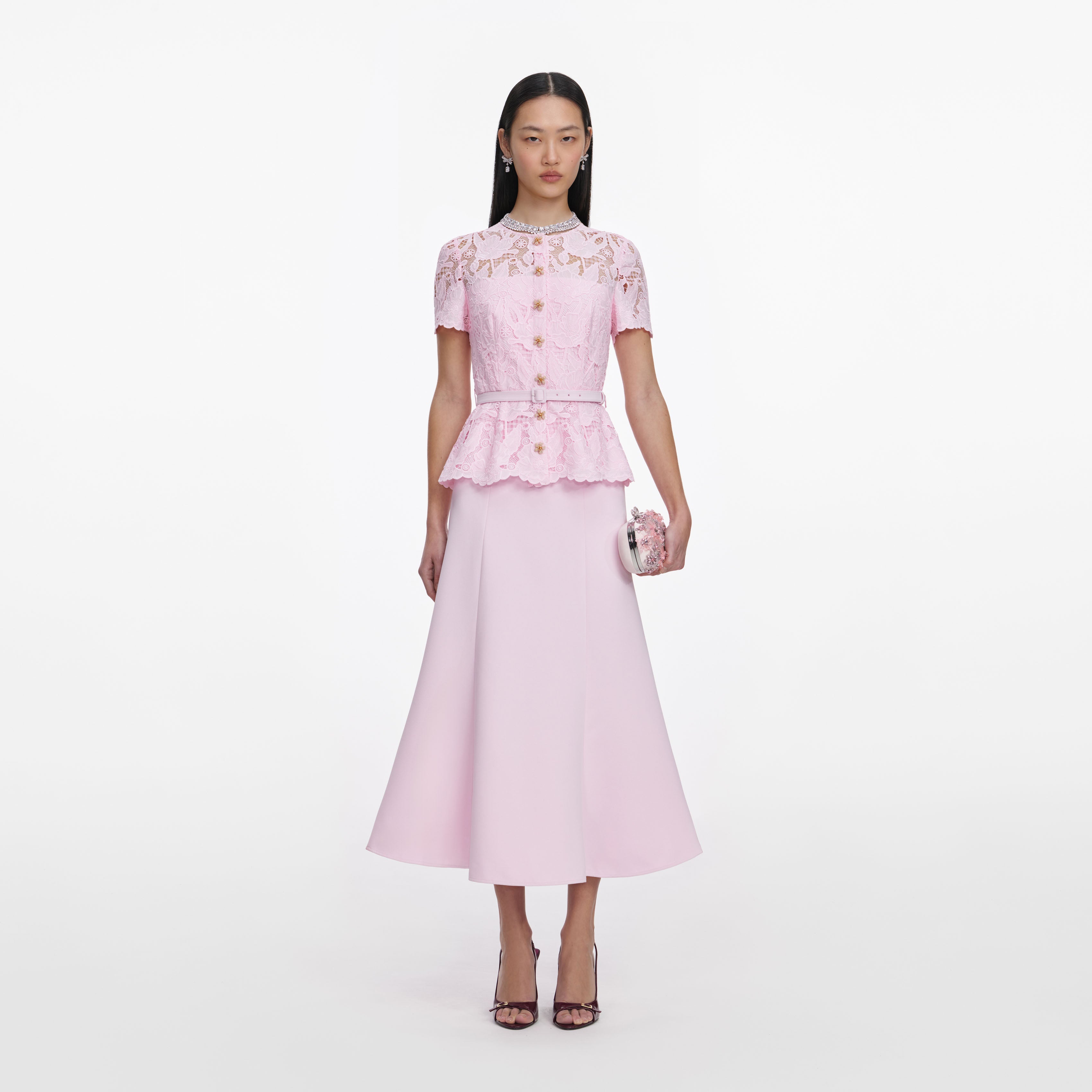Pink Lace Crepe Midi Dress – self-portrait-US