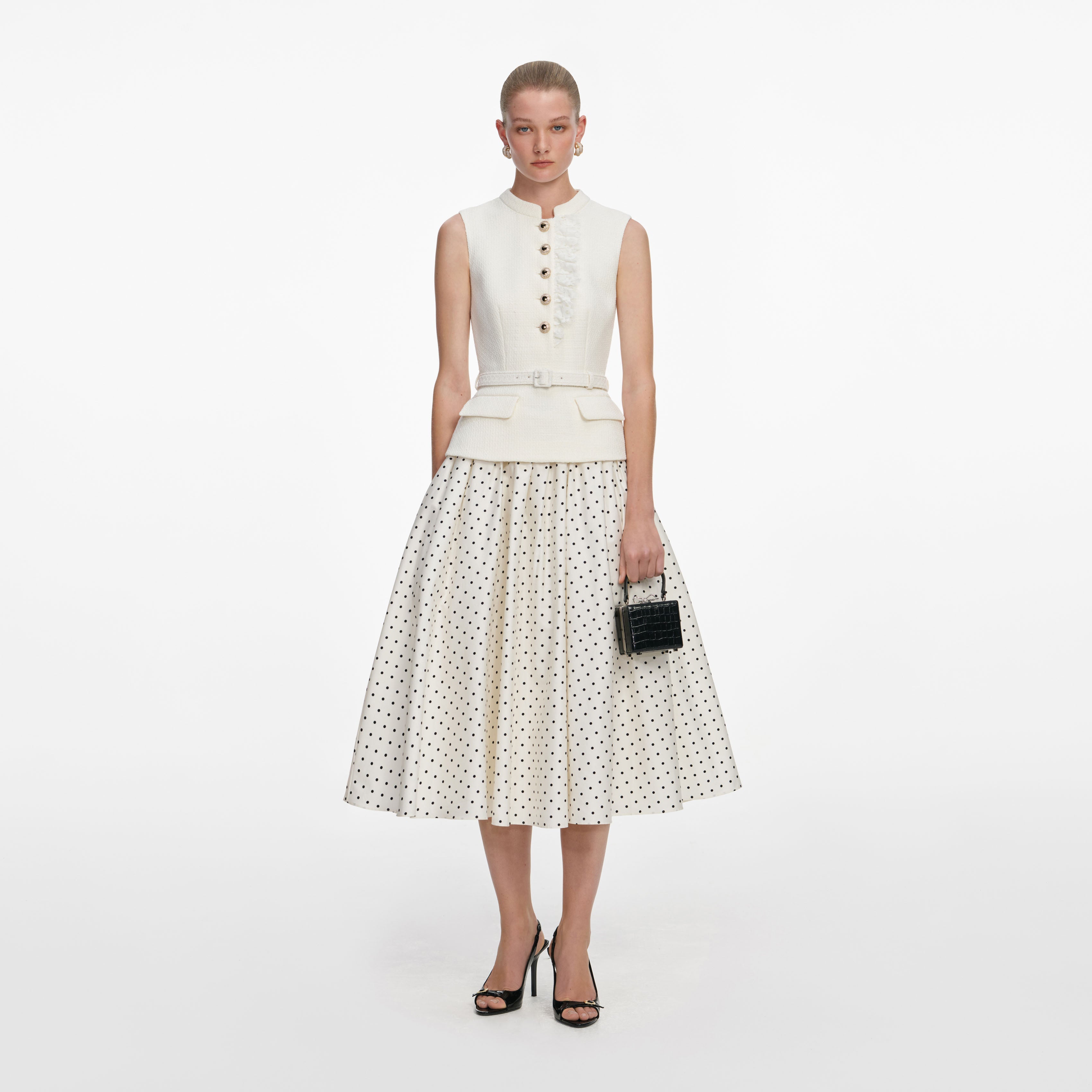 self portrait cream off shoulder boucle midi dress Cream Boucle Polka Dot Midi Dress