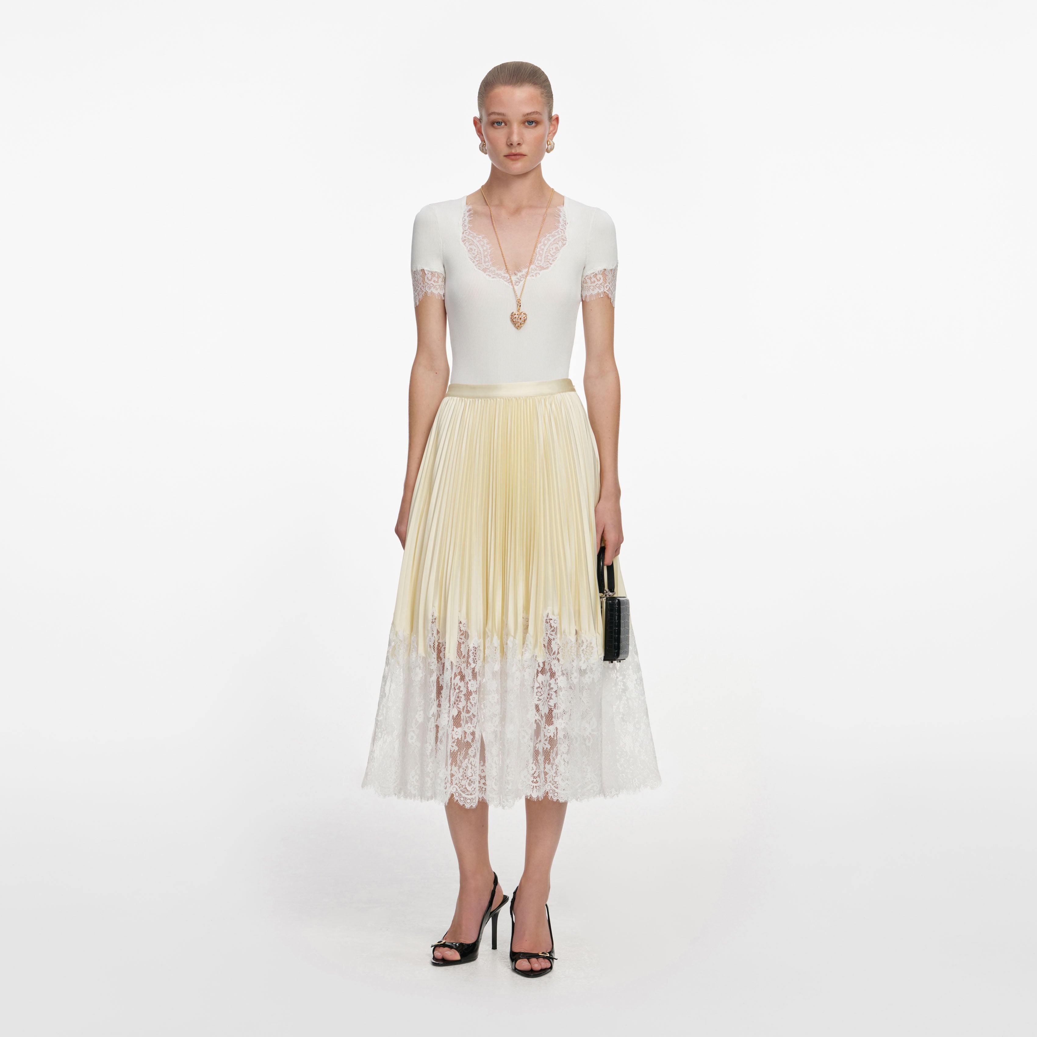 Yellow Satin Lace Midi Skirt – self-portrait-US