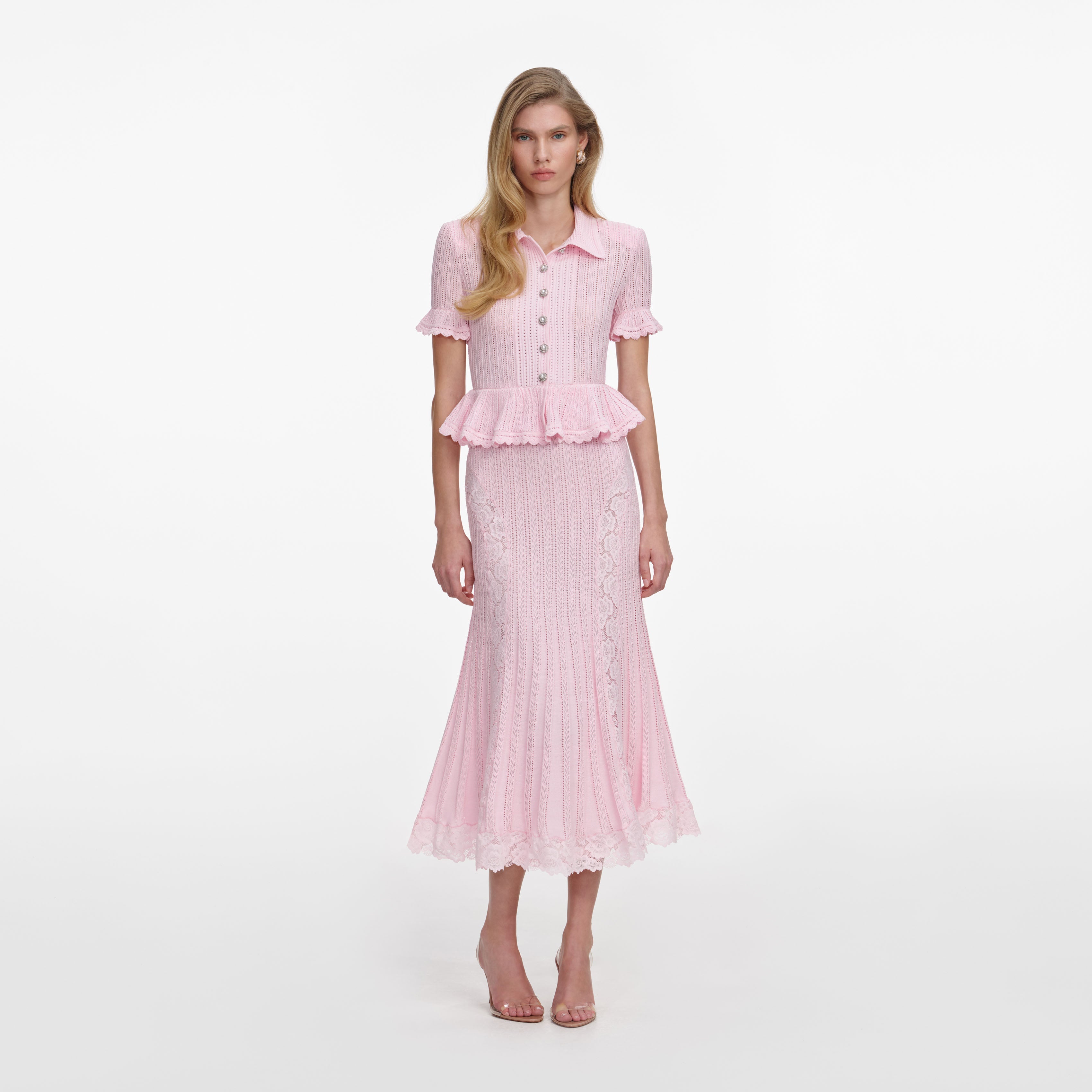 self-portrait - Pink Pointelle Peplum Knit Midi Dress