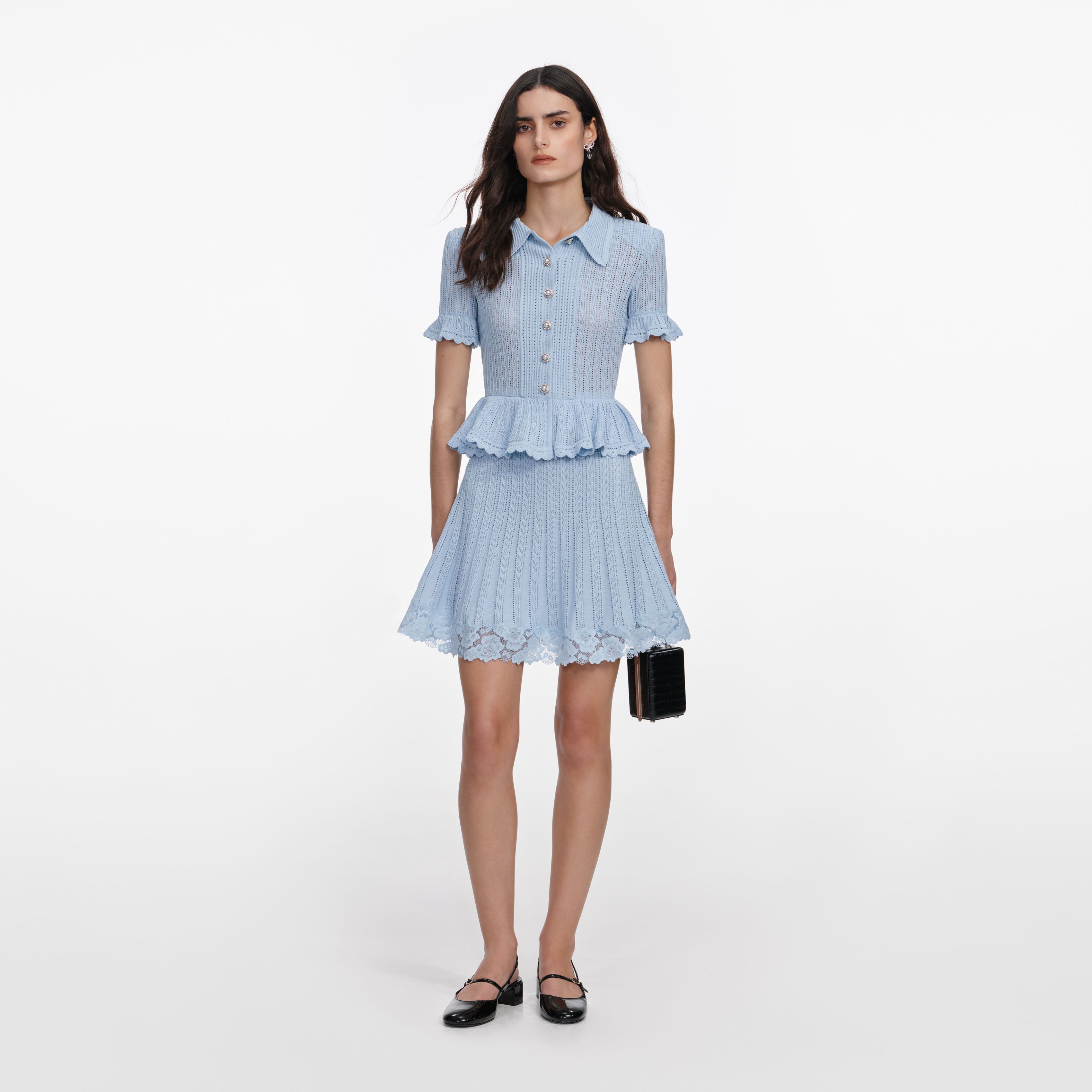 self-portrait - Blue Pointelle Peplum Knit Mini Dress - M self-portrait - Blue Pointelle Peplum Knit Mini Dress - M