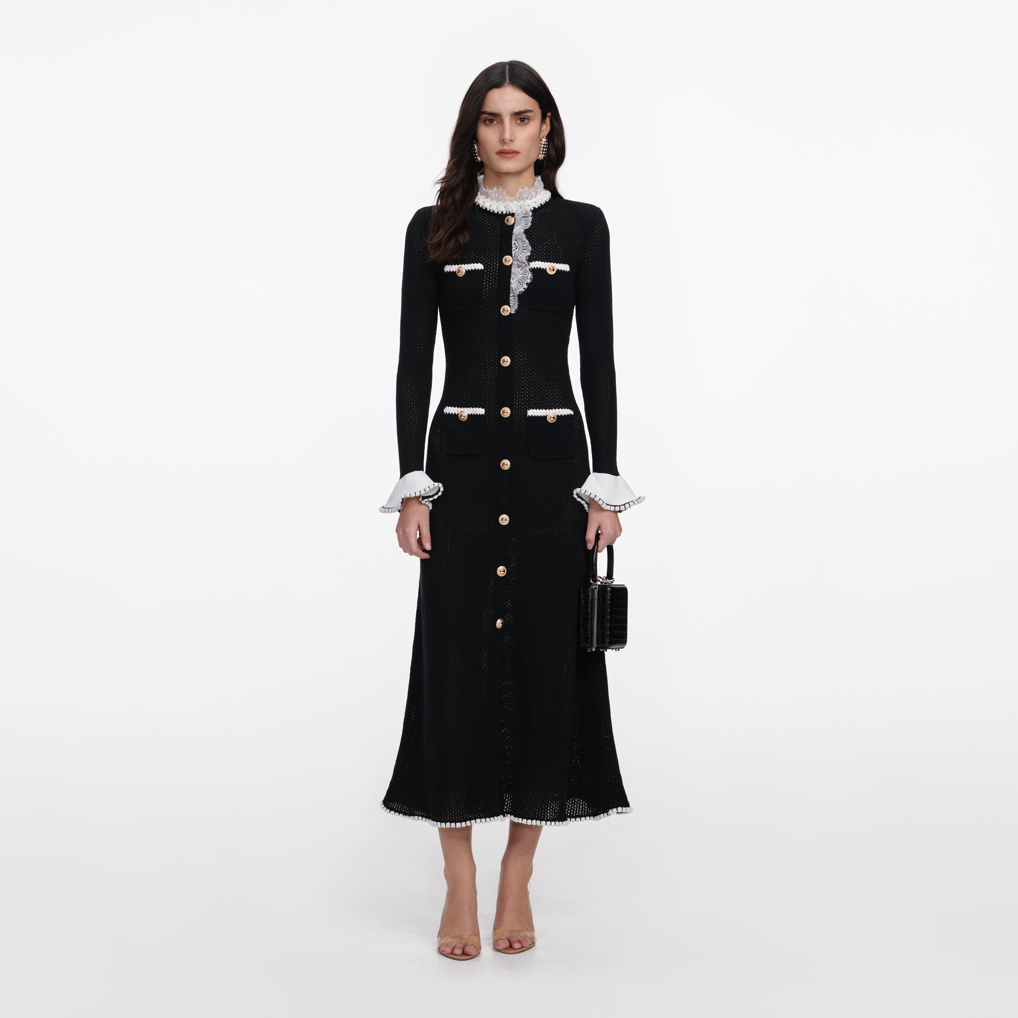 self-portrait - Black Lace Trim Knit Midi Dress - L self-portrait - Black Lace Trim Knit Midi Dress - L