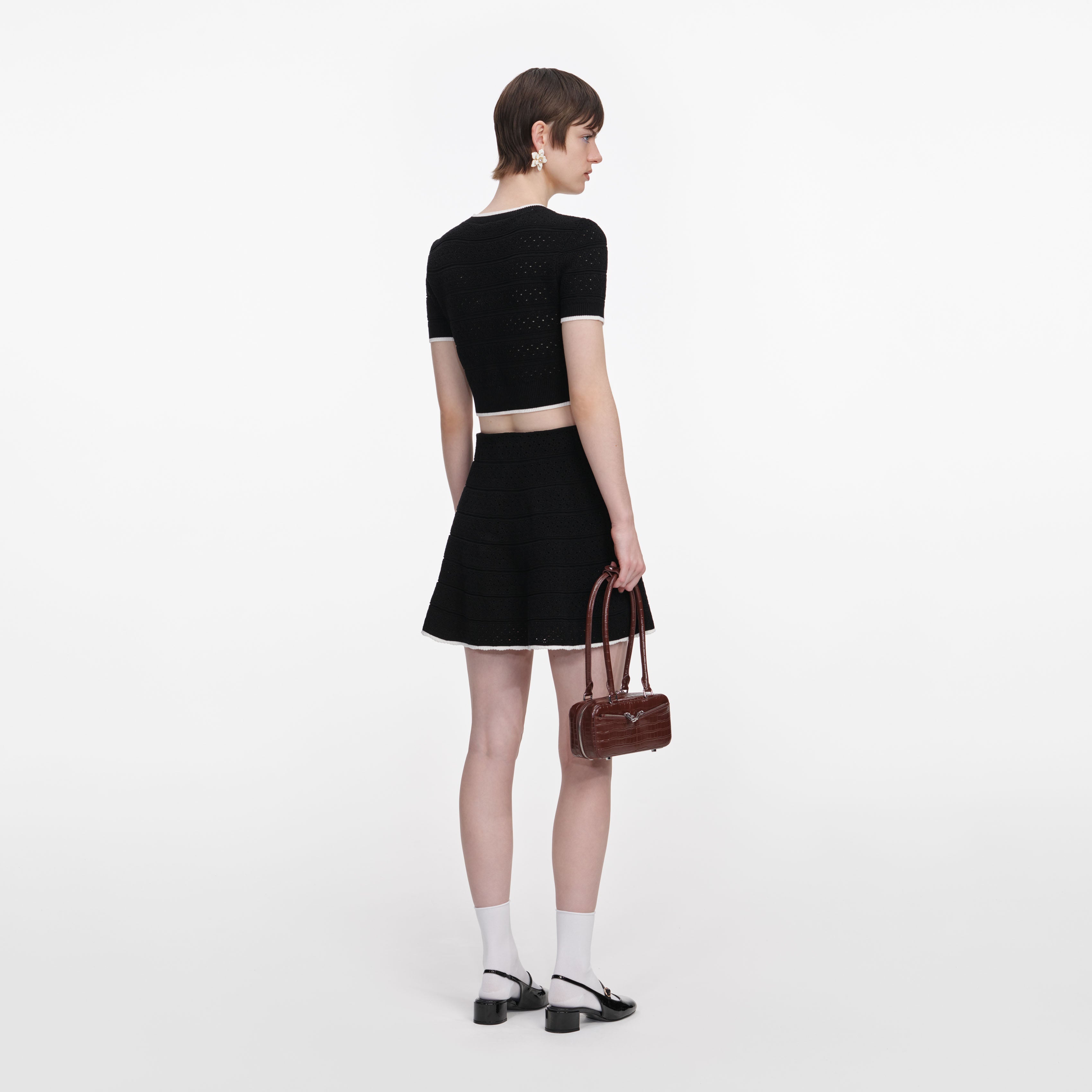 Black Pointelle Knit Mini Skirt