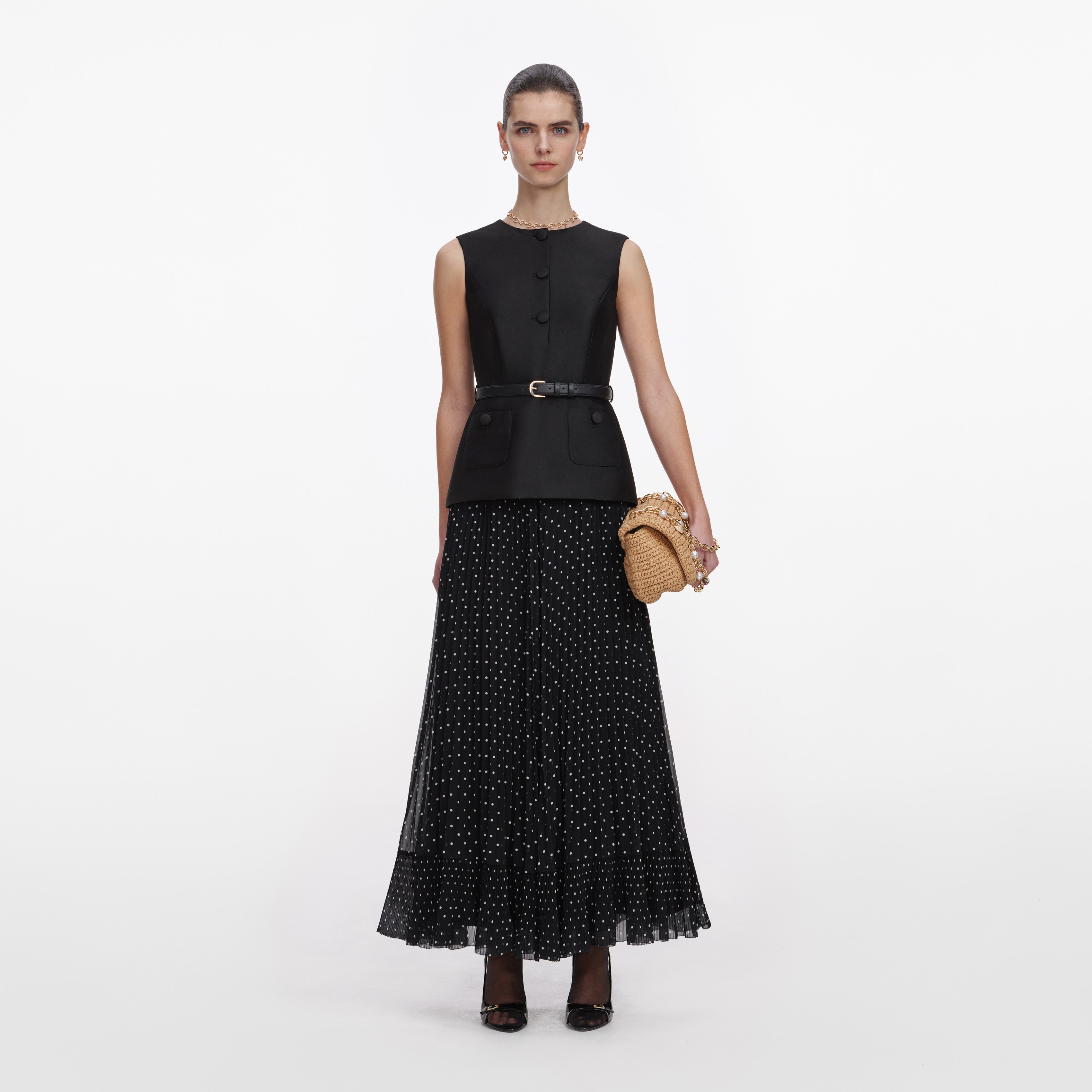Black Taffeta Polka Dot Midi Dress self-portrait-US Black Taffeta Polka Dot Midi Dress self-portrait-US