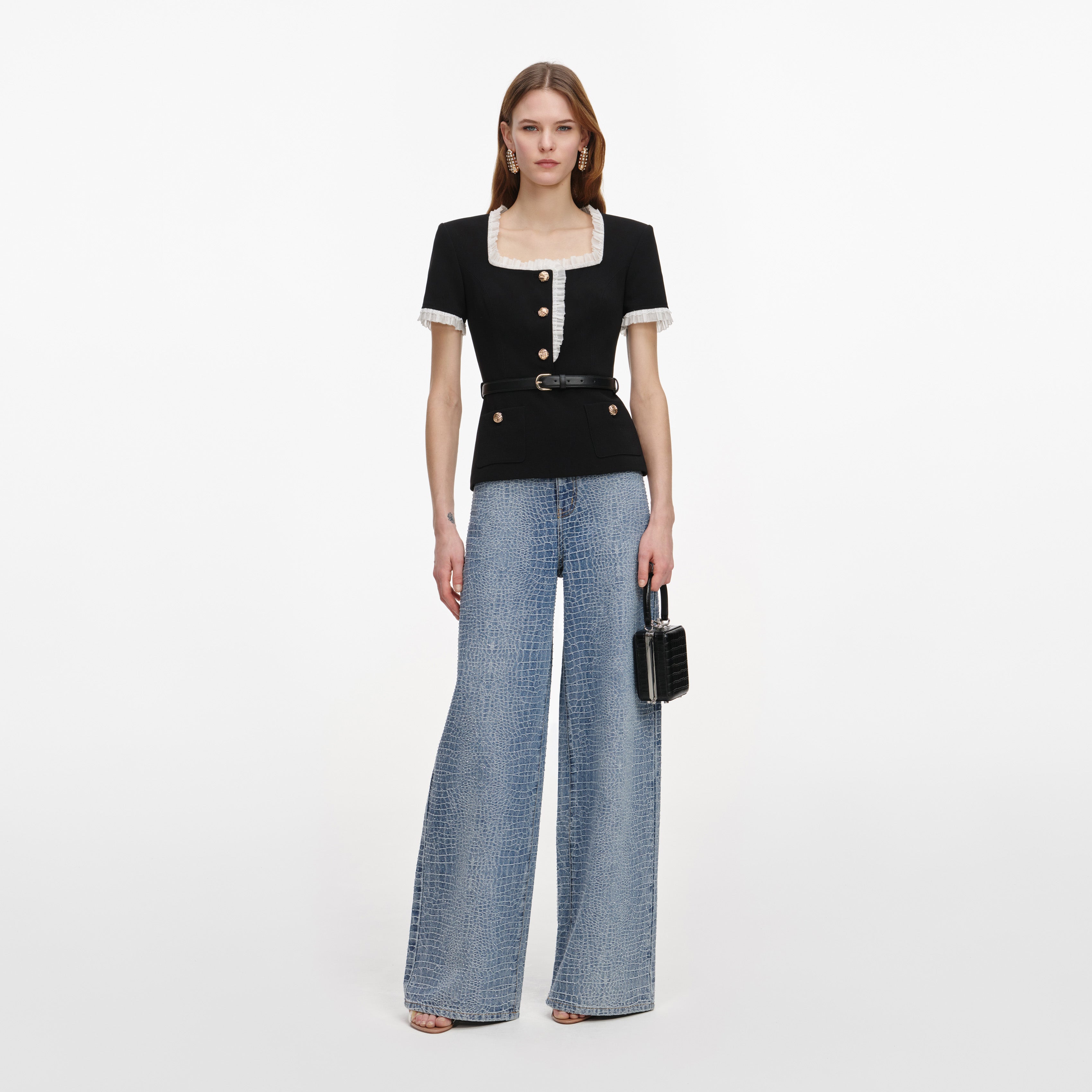 Black Crepe Contrast Frill Top