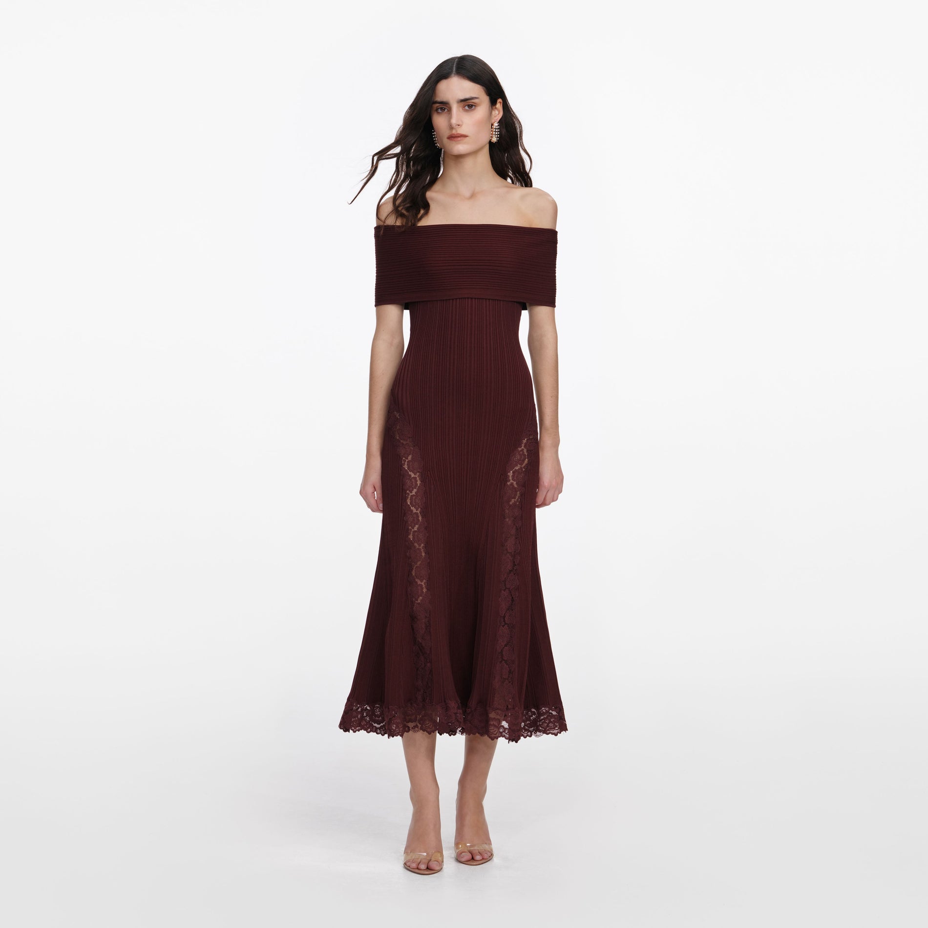 Front view of a woman wearing the Burgundy Knit Lace Insert Midi Dress