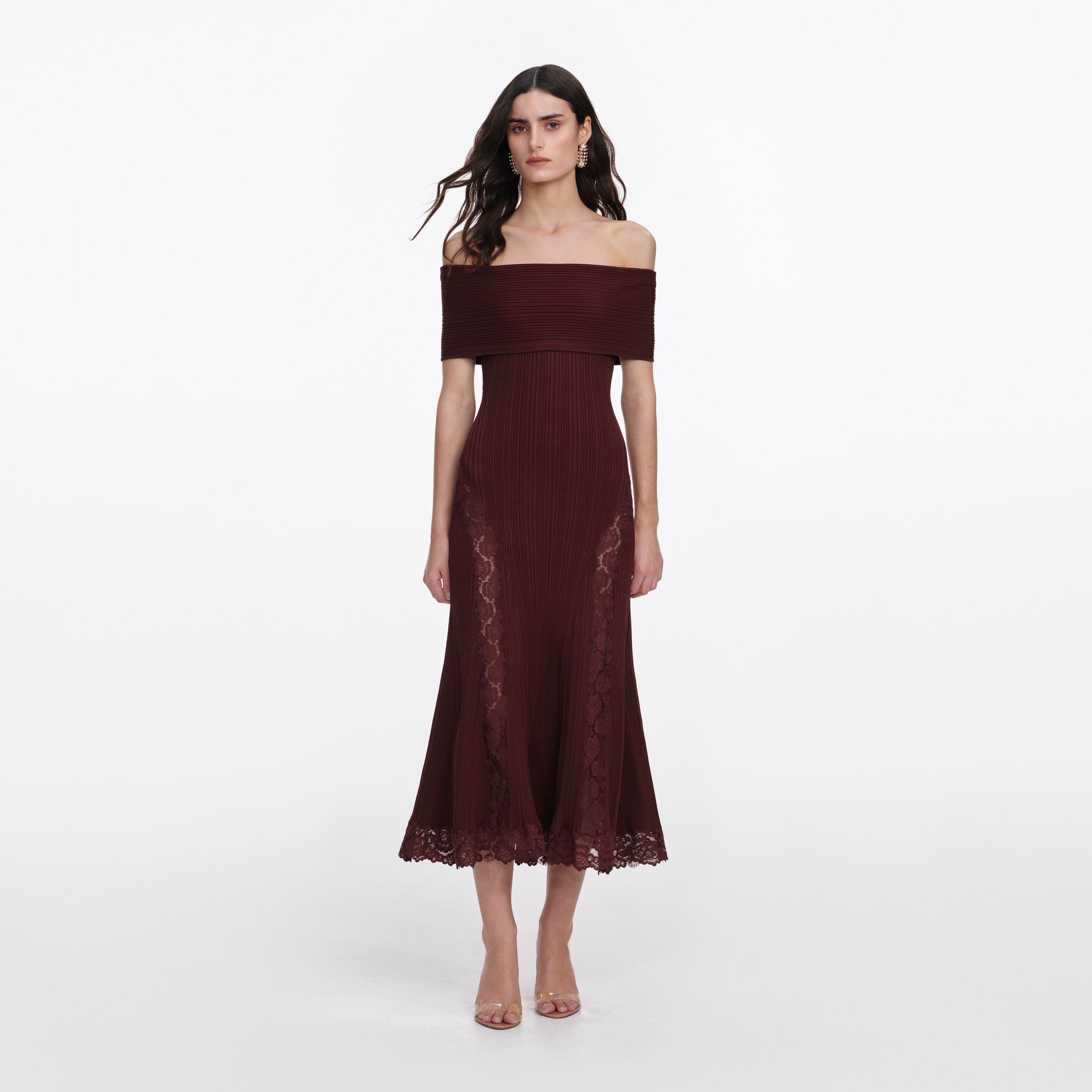 Burgundy Knit Lace Insert Midi Dress