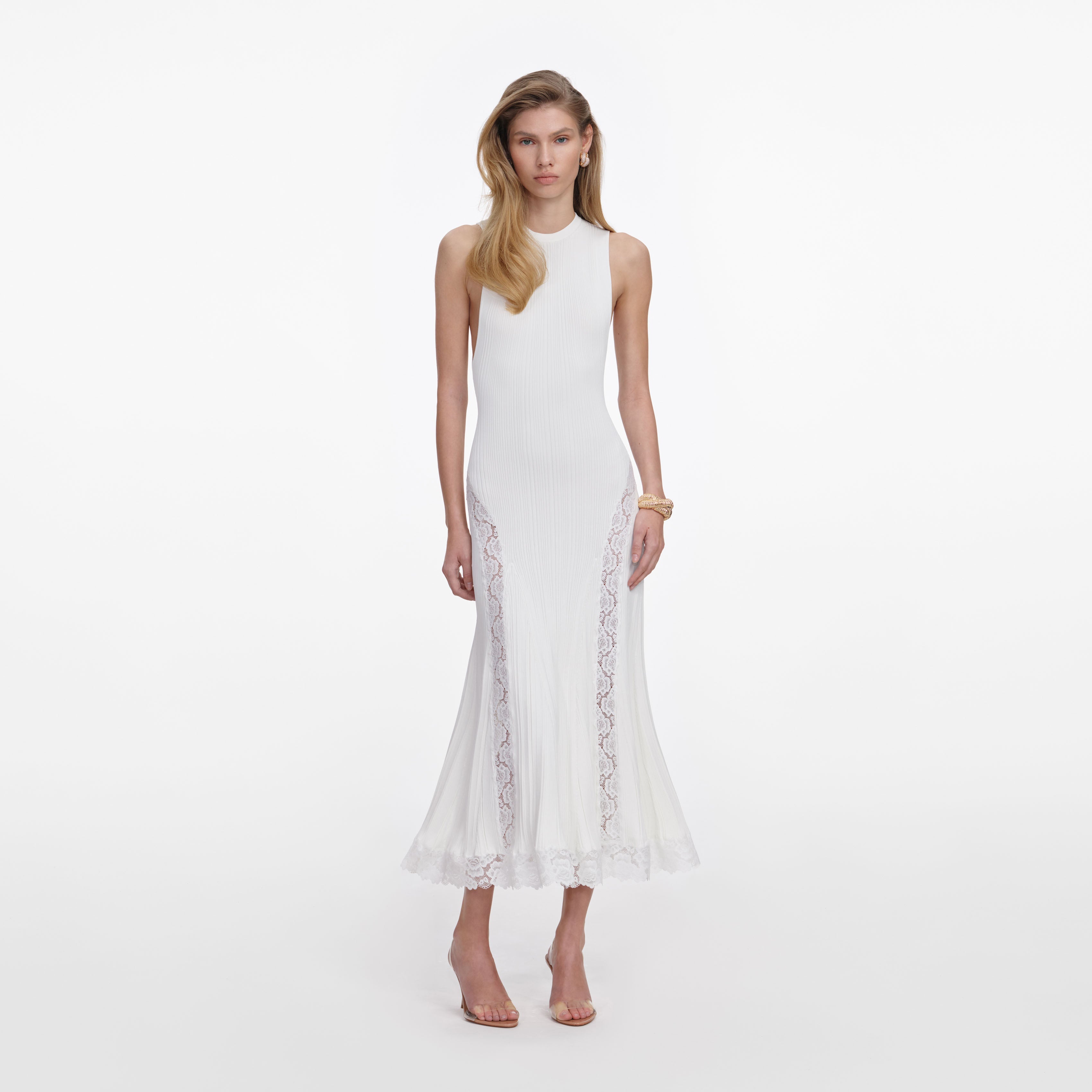 self-portrait - White Knit Lace Insert Midi Dress - XL self-portrait - White Knit Lace Insert Midi Dress - XL