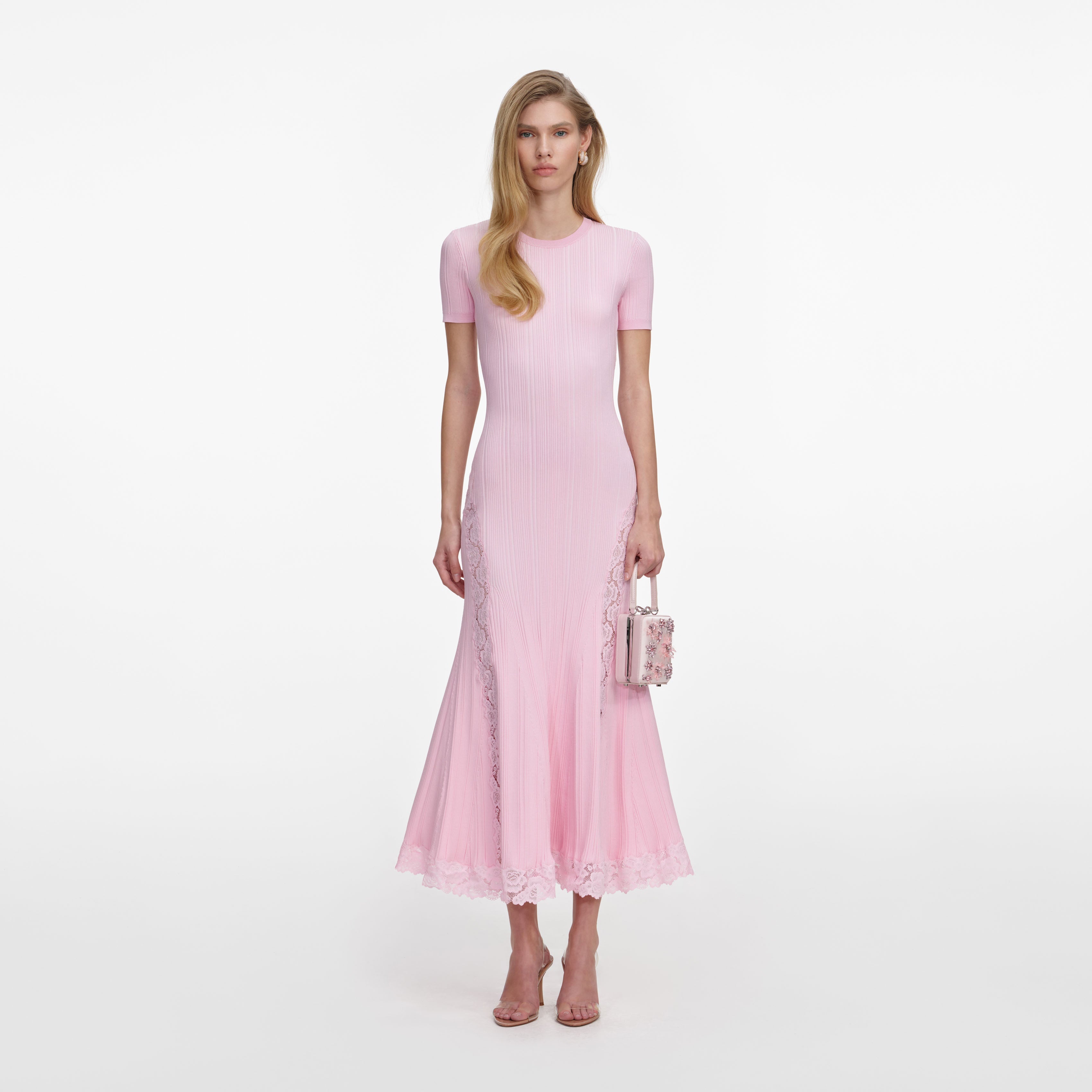 self-portrait - Pink Knit Lace Insert Midi Dress - M self-portrait - Pink Knit Lace Insert Midi Dress - M