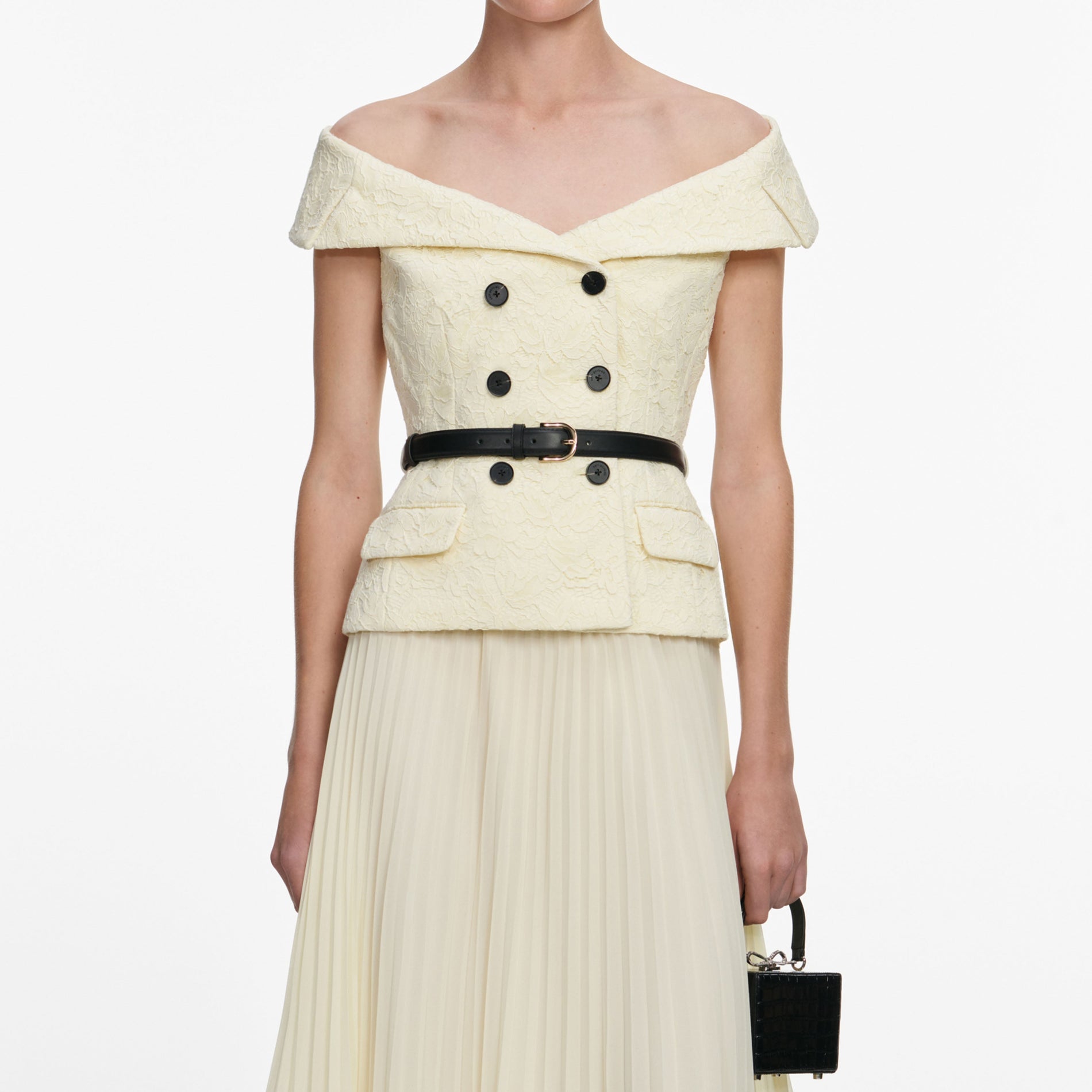 A close up of a woman wearing the Yellow Lace Chiffon Midi Dress