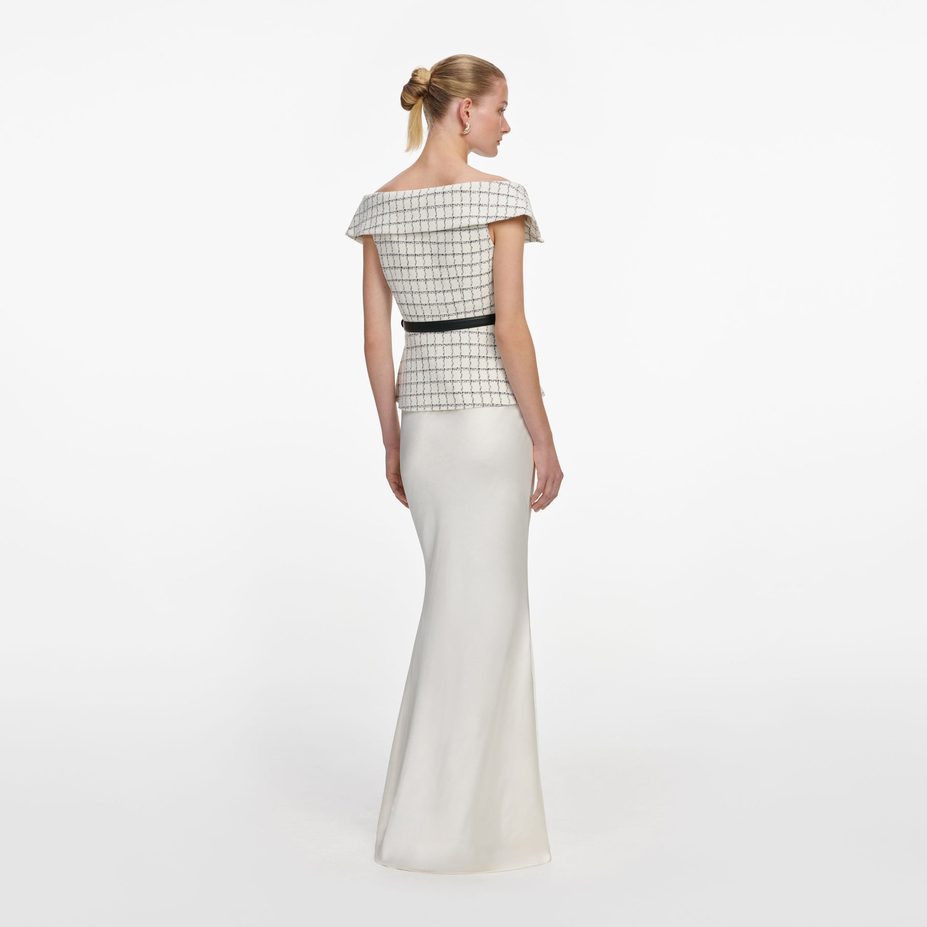 Back view of a woman wearing the Check Boucle Satin Maxi Dress