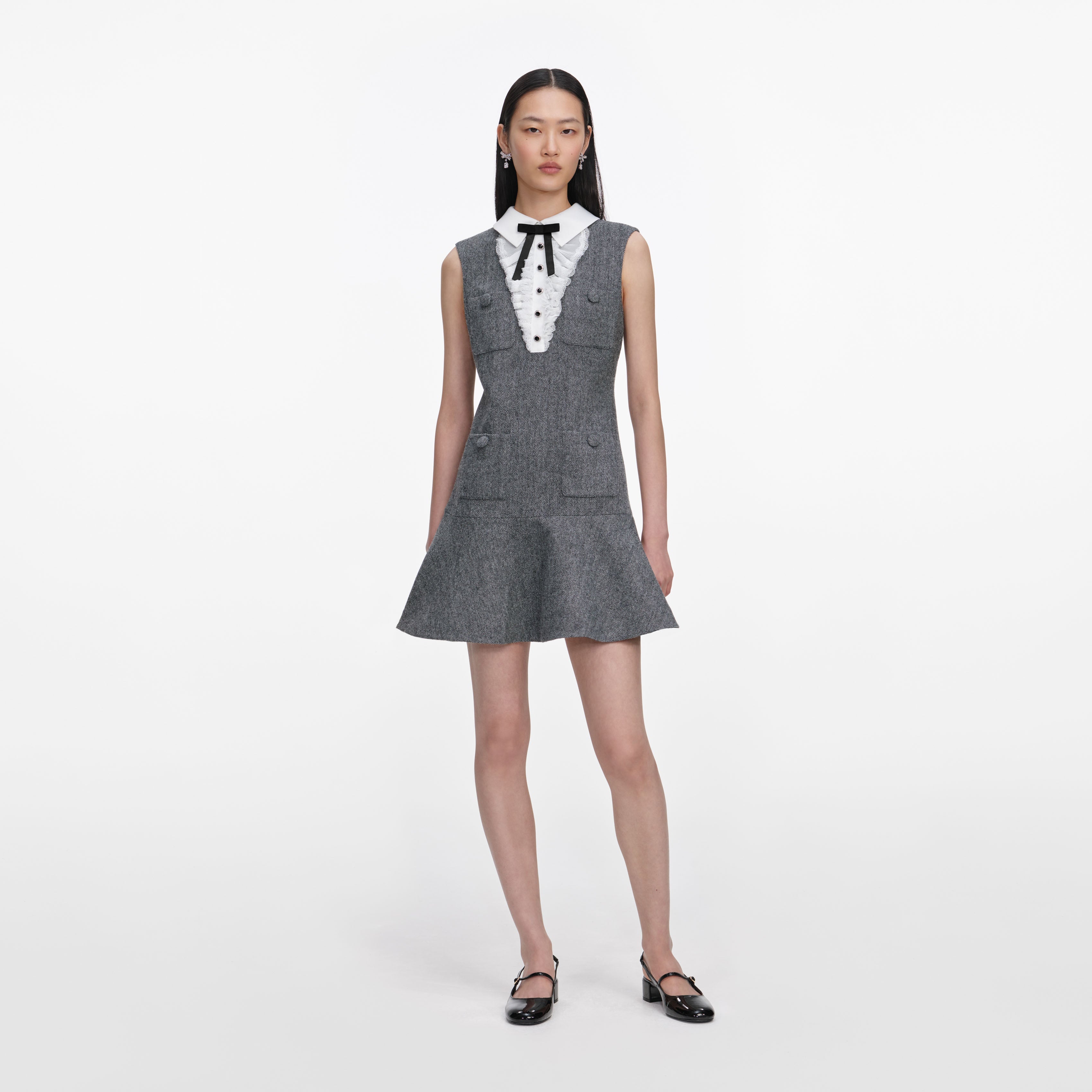 self-portrait - Grey Herringbone Lace Bib Mini Dress - US 12 self-portrait - Grey Herringbone Lace Bib Mini Dress - US 12