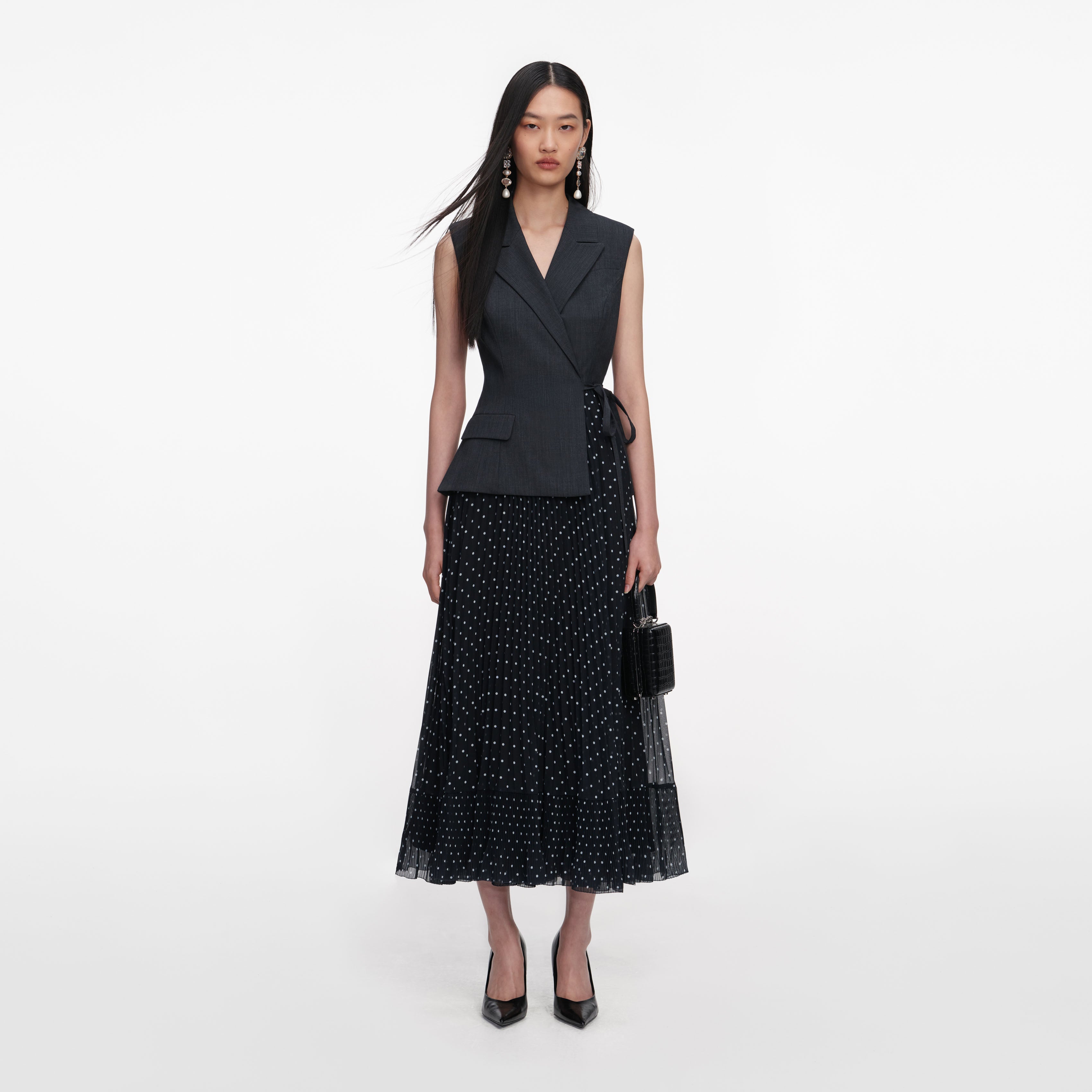 self-portrait - Grey Tailored Polka Dot Midi Dress