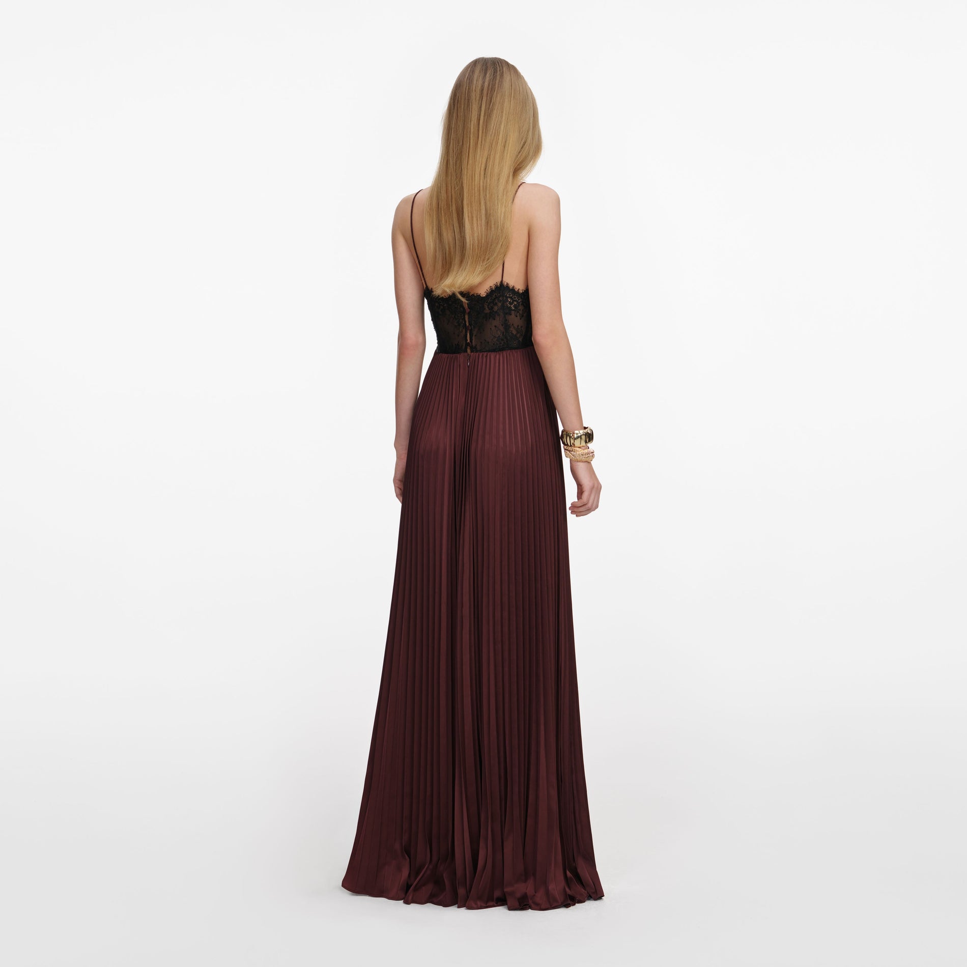 A close up of a woman wearing the Brown Satin Lace Insert Maxi Dress
