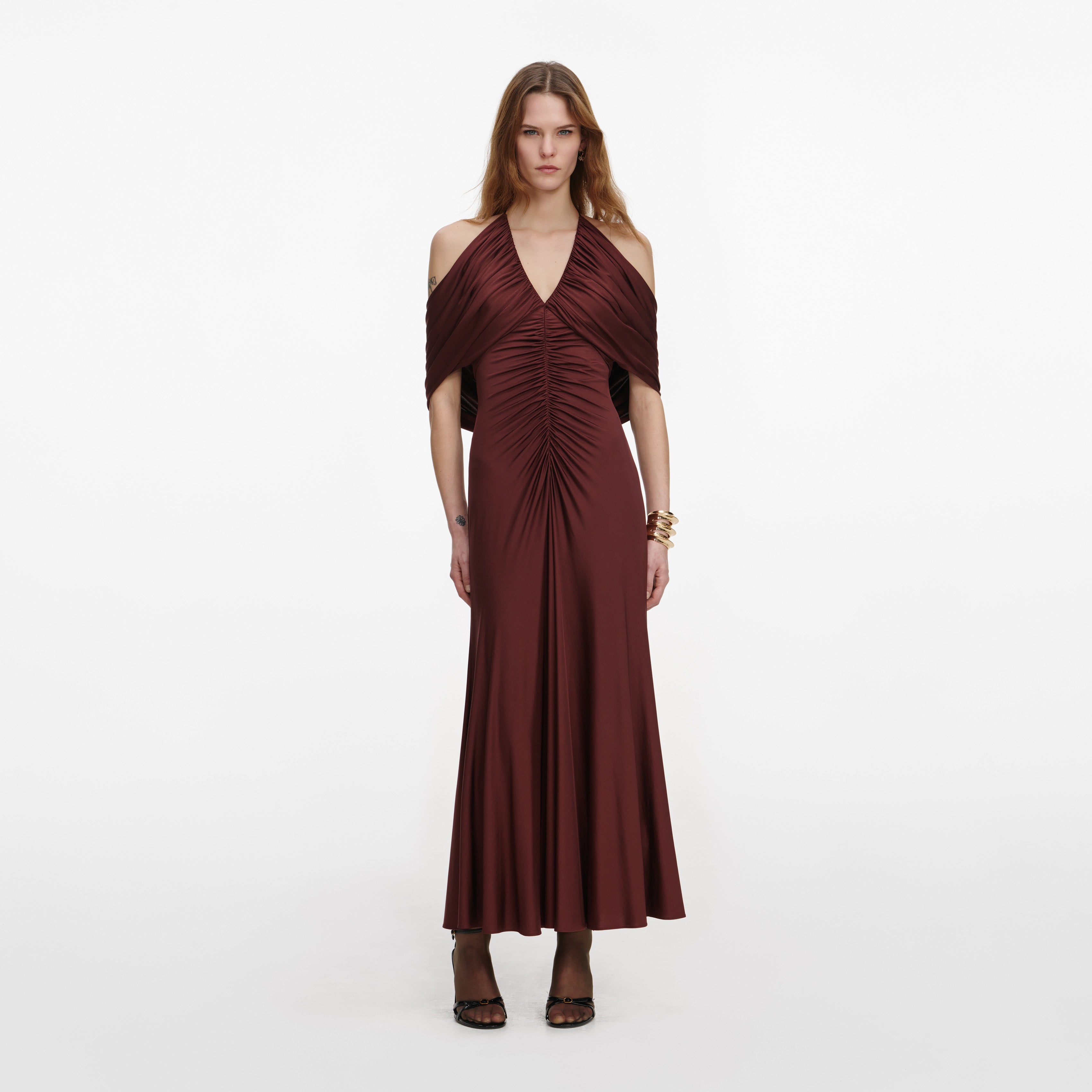 Self-Portrait - Brown Jersey Drape Midi Dress - US 2 Self-Portrait - Brown Jersey Drape Midi Dress - US 2