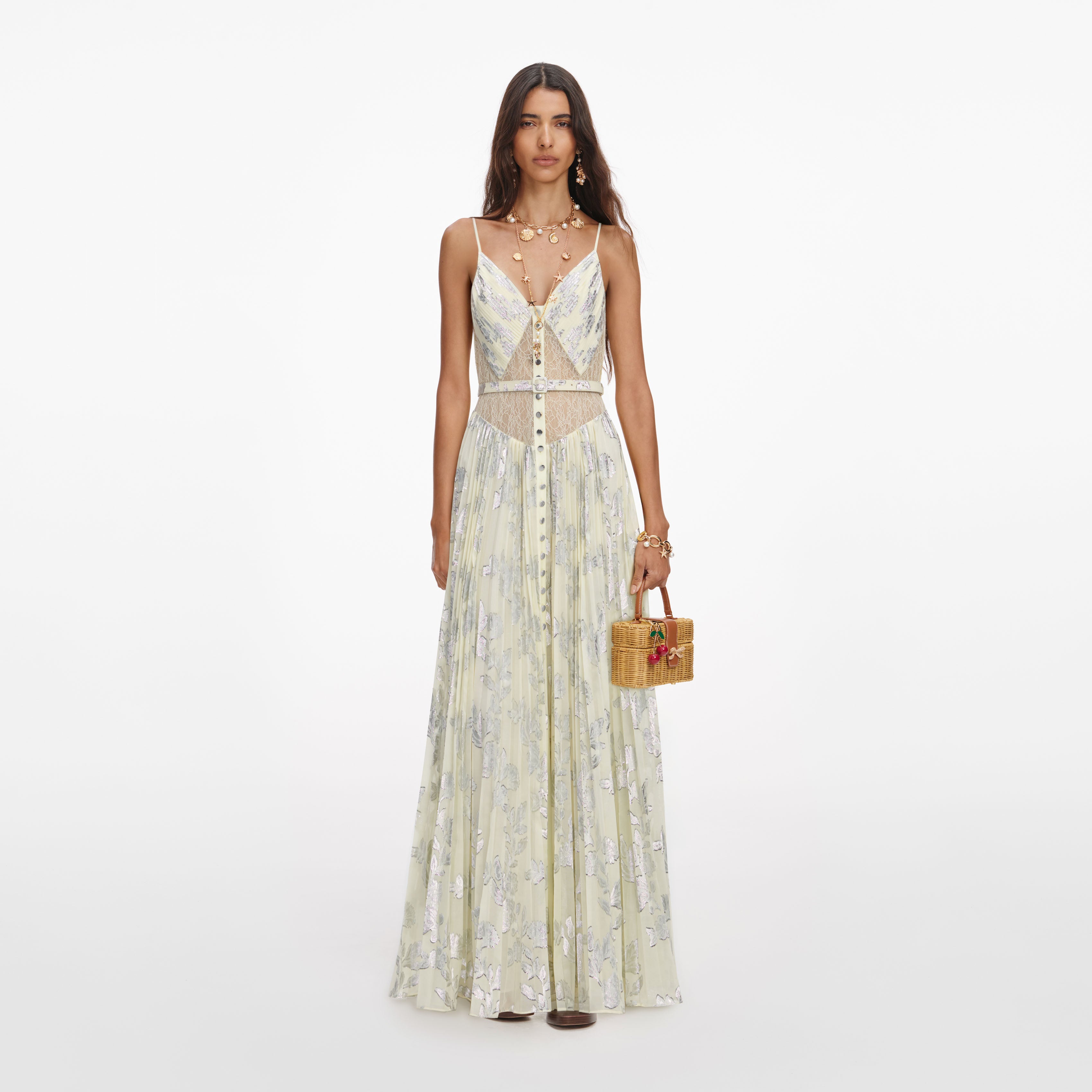 white christmas dresses Self-Portrait - Yellow Metallic Chiffon Maxi Dress