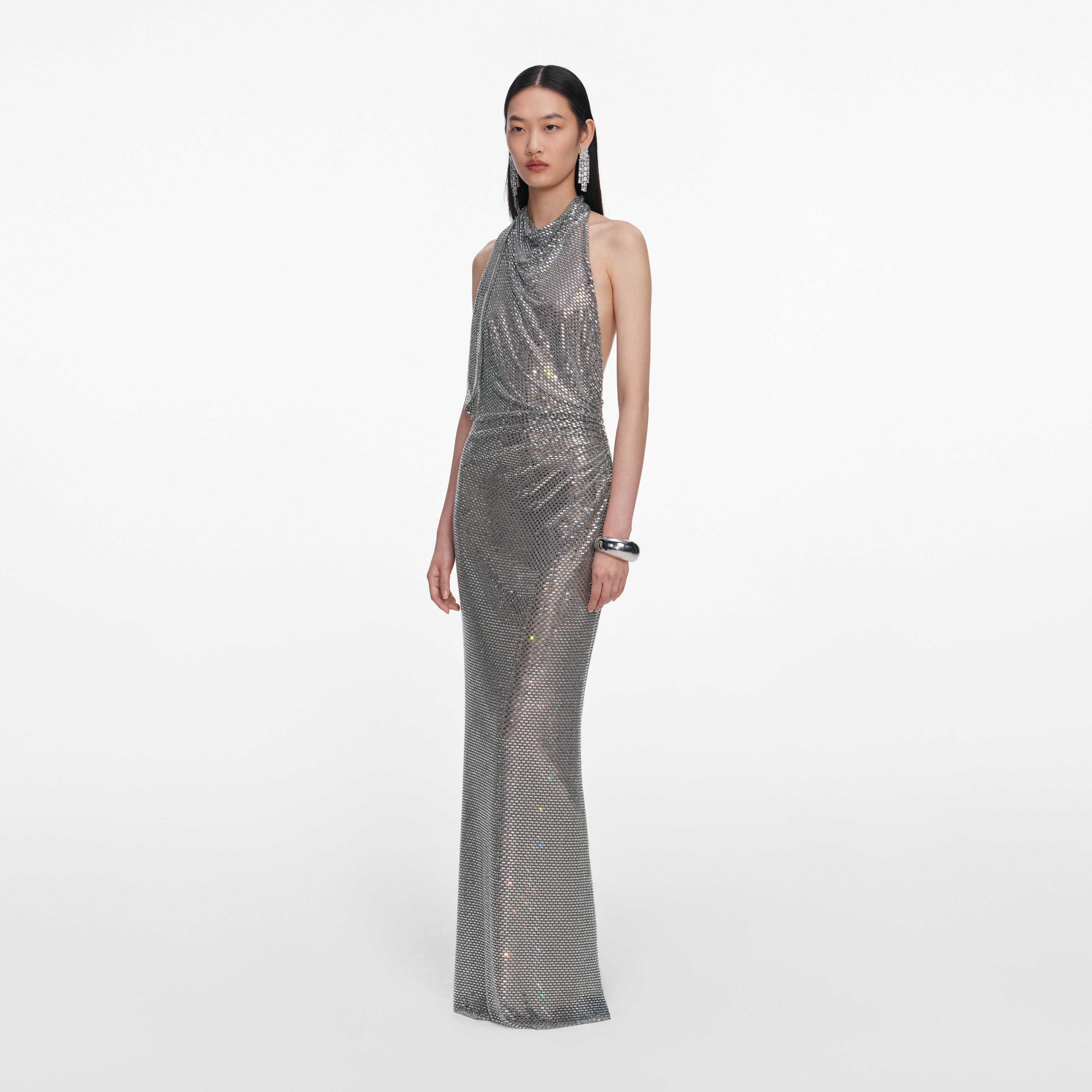 Grey Rhinestone Drape Maxi Dress
