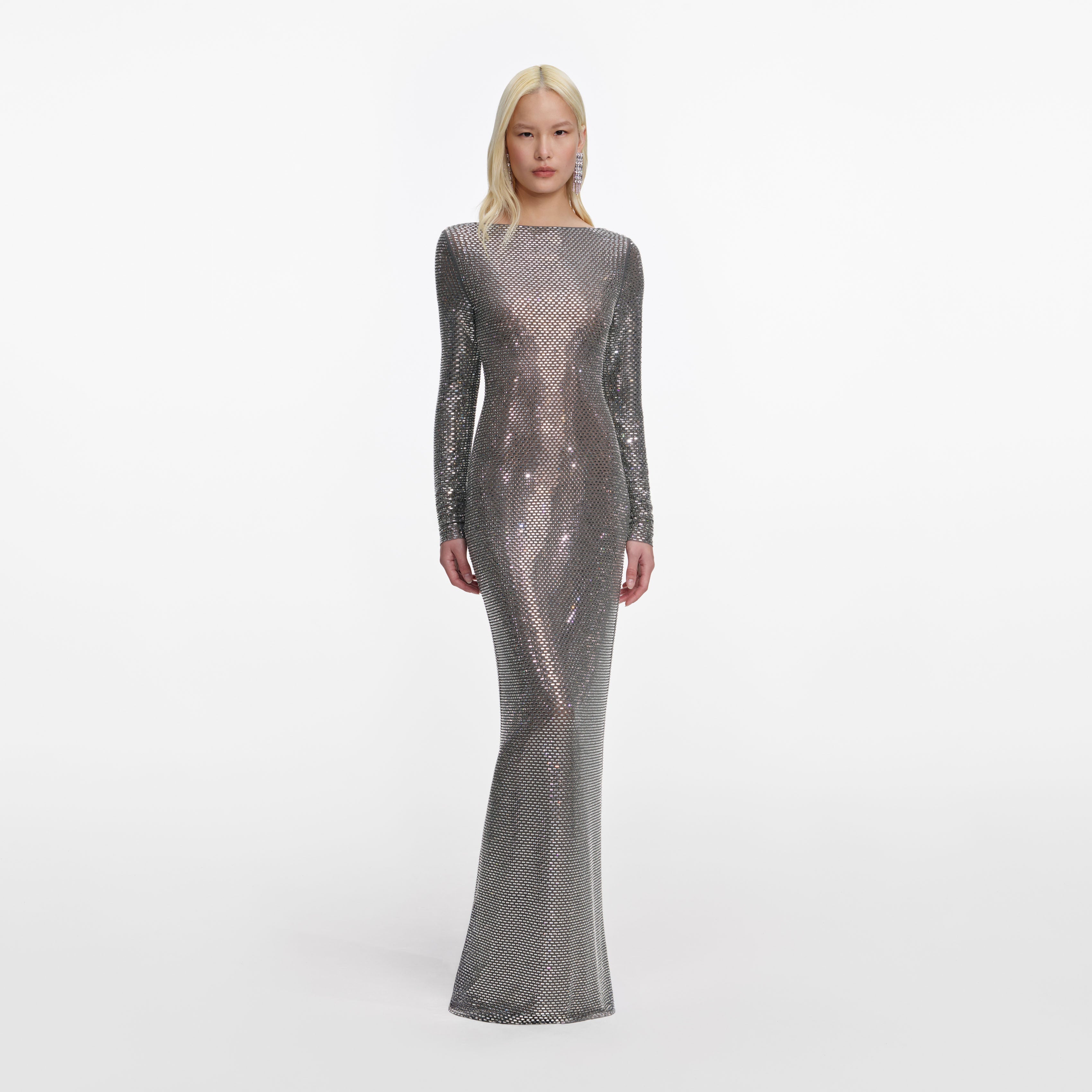 chinese dress ladies Self-Portrait - Grey Rhinestone Long Sleeve Maxi Dress