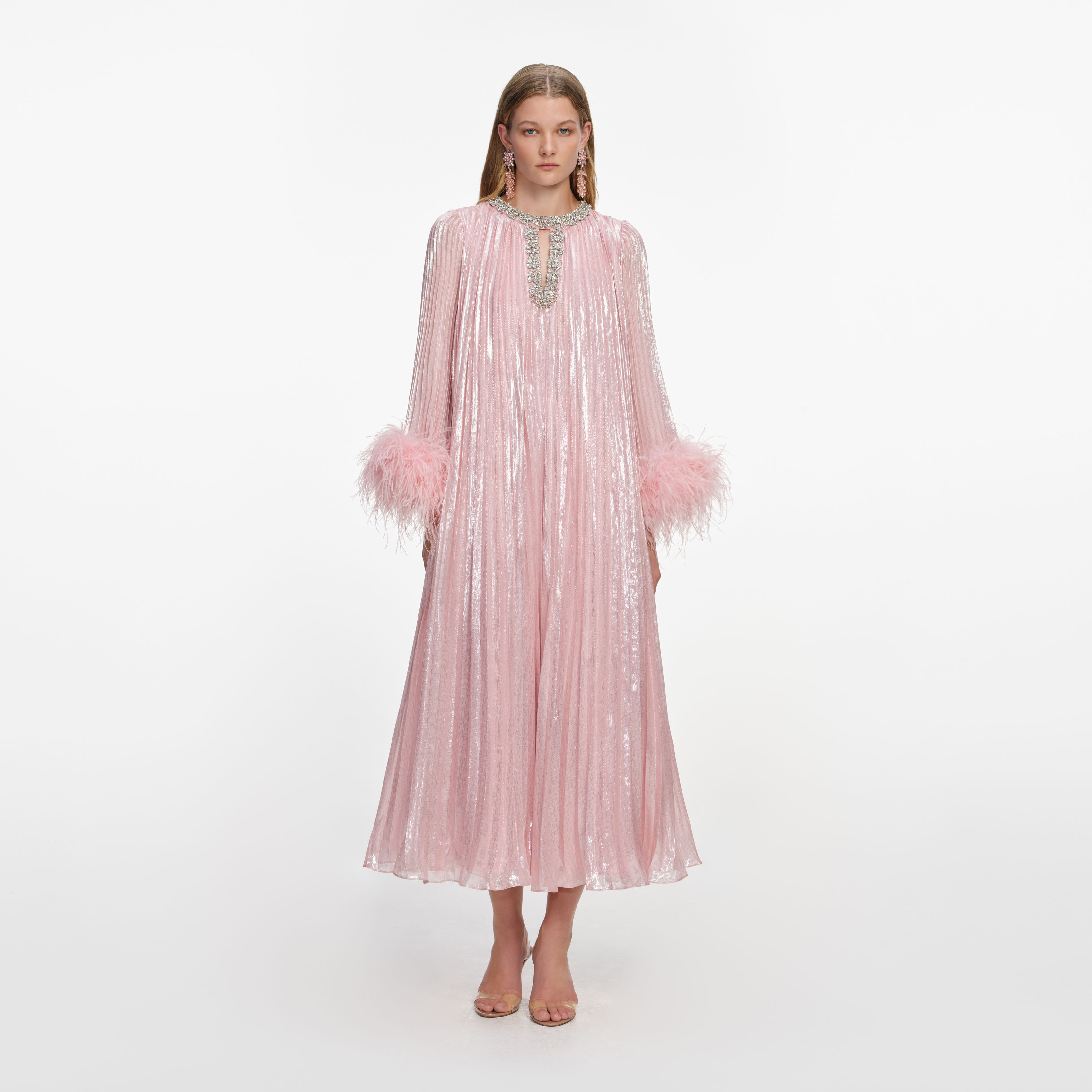 Pink Metallic Chiffon Feather Midi Dress – self-portrait-US