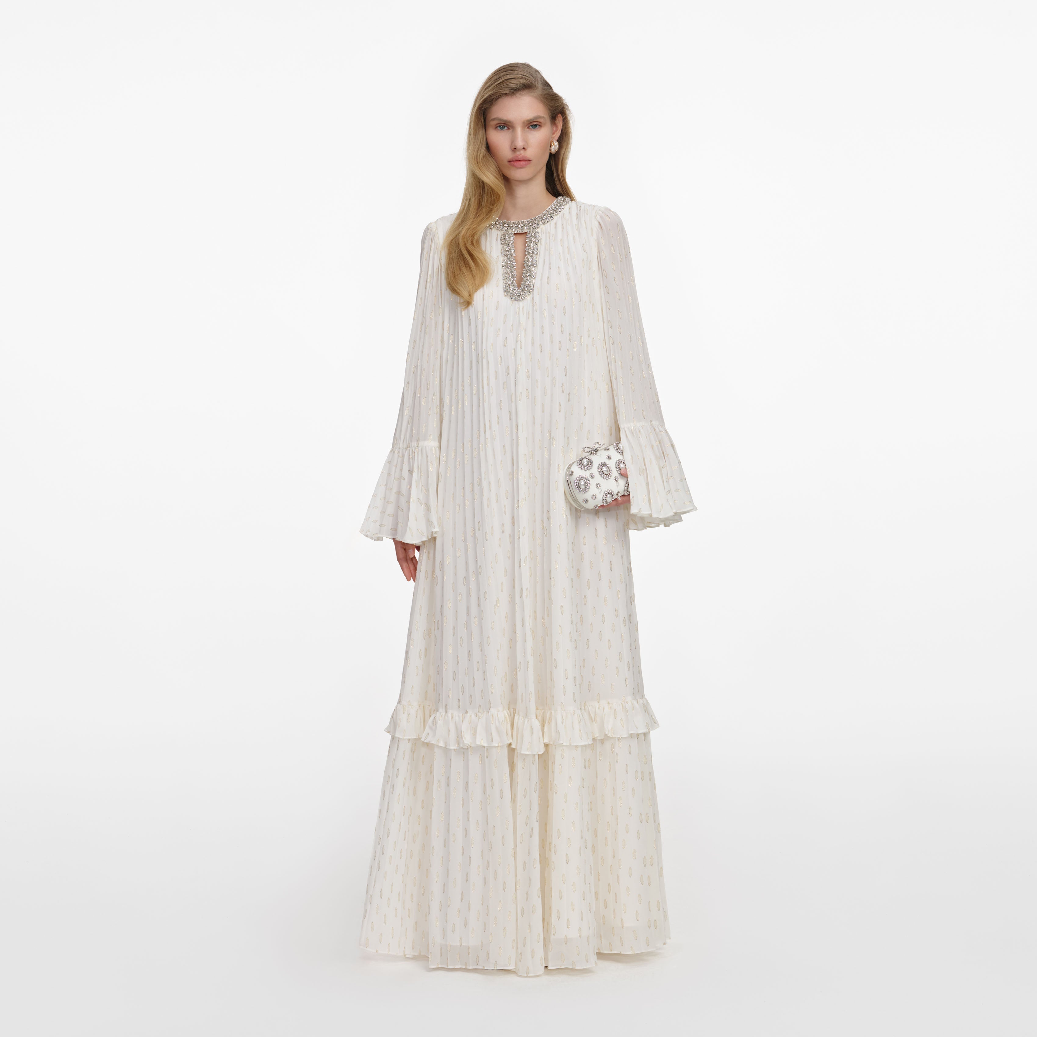 self-portrait - Cream And Gold Chiffon Maxi Dress - US 8 self-portrait - Cream And Gold Chiffon Maxi Dress - US 8
