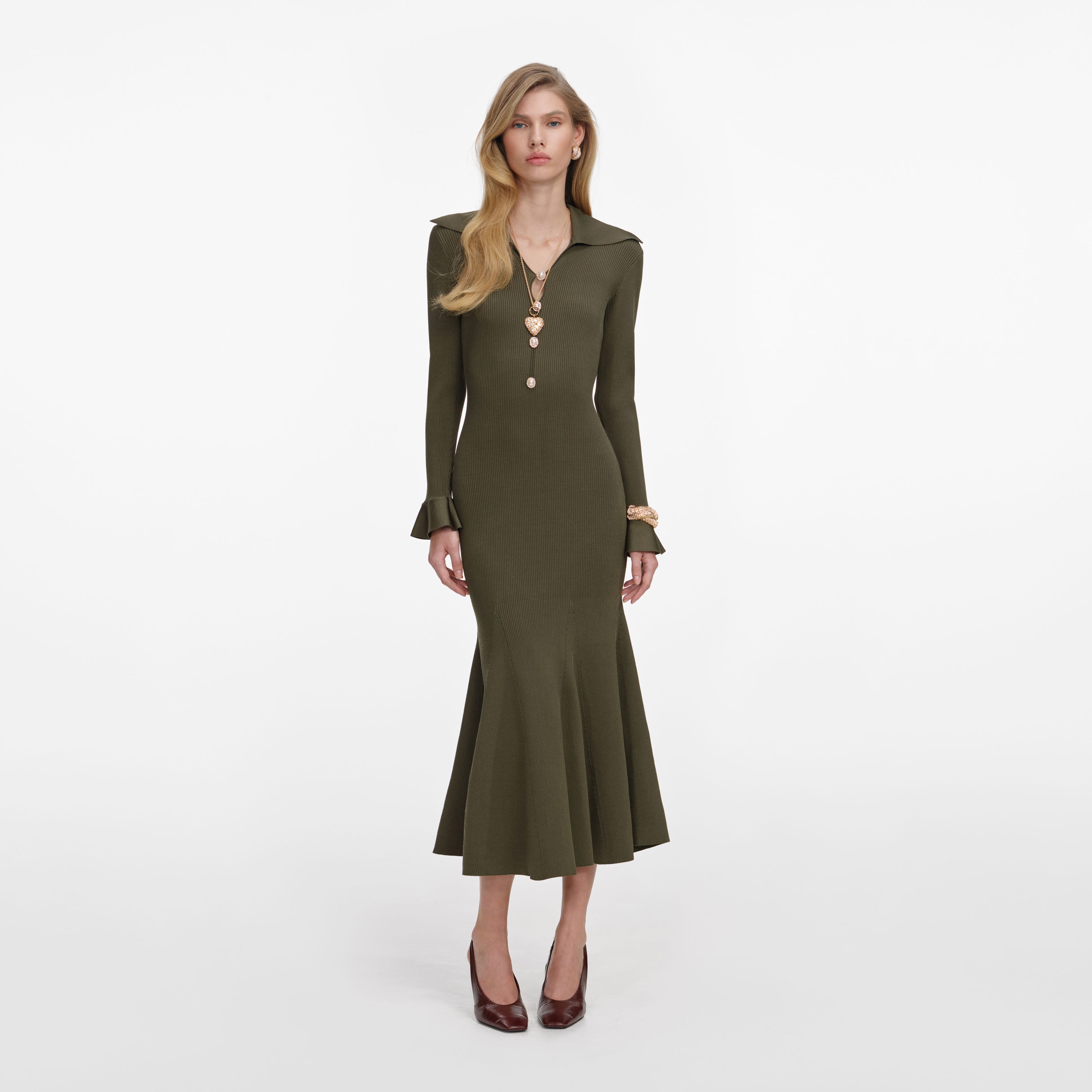 self-portrait - Khaki Pointelle Knit Midi Dress