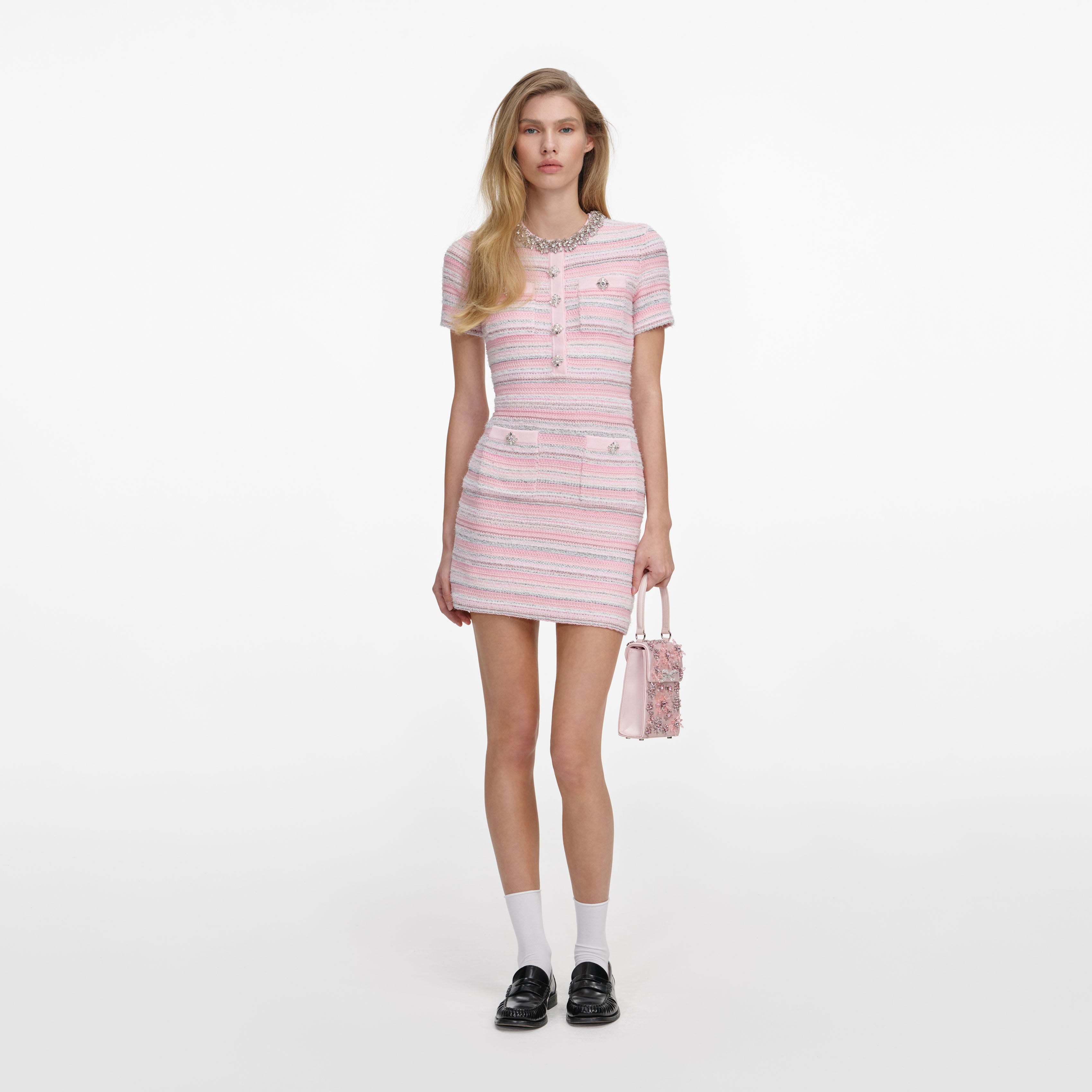 Self-Portrait - Pink Textured Knit Mini Dress - XS Self-Portrait - Pink Textured Knit Mini Dress - XS