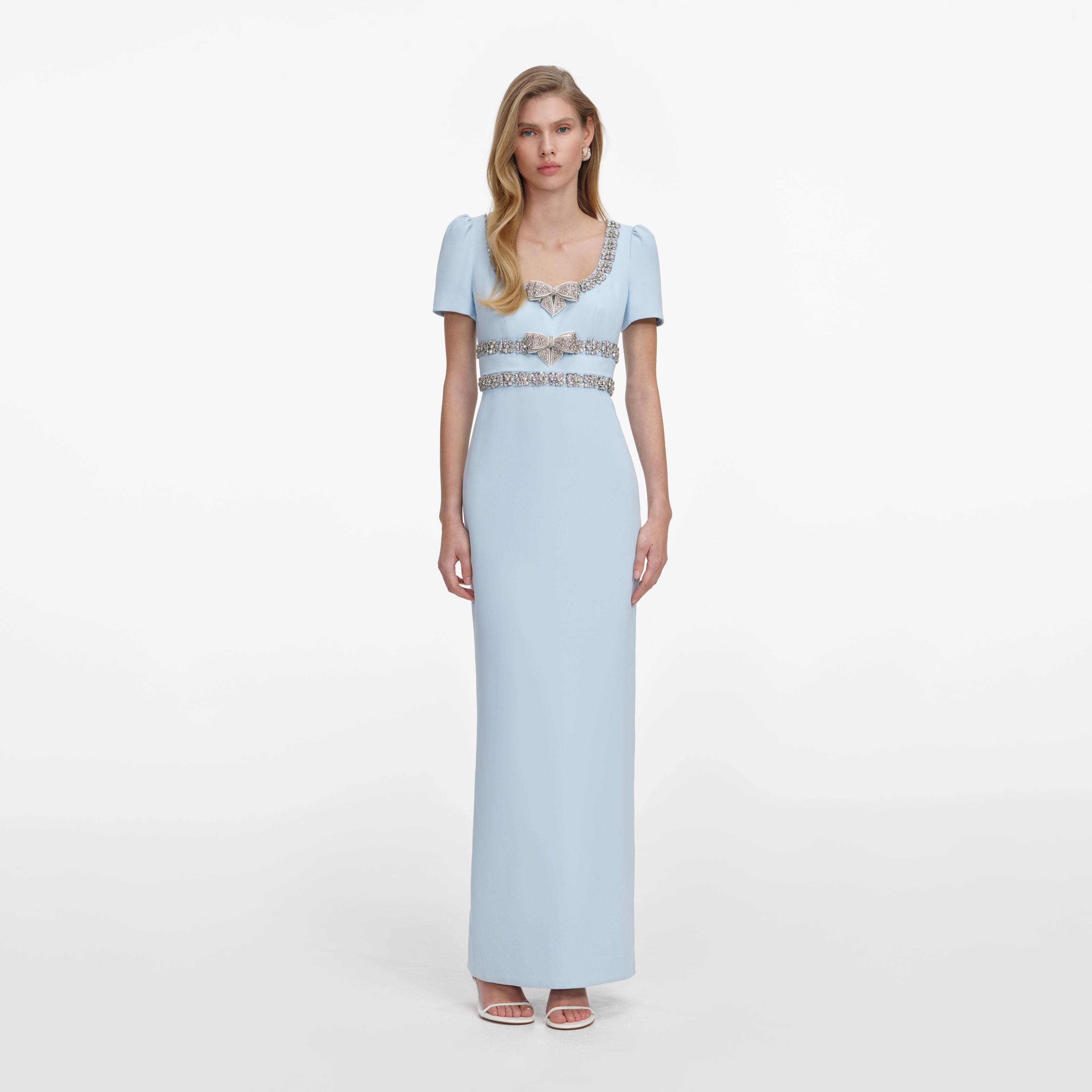 self-portrait - Blue Crepe Embellished Bow Maxi Dress - US 10 self-portrait - Blue Crepe Embellished Bow Maxi Dress - US 10