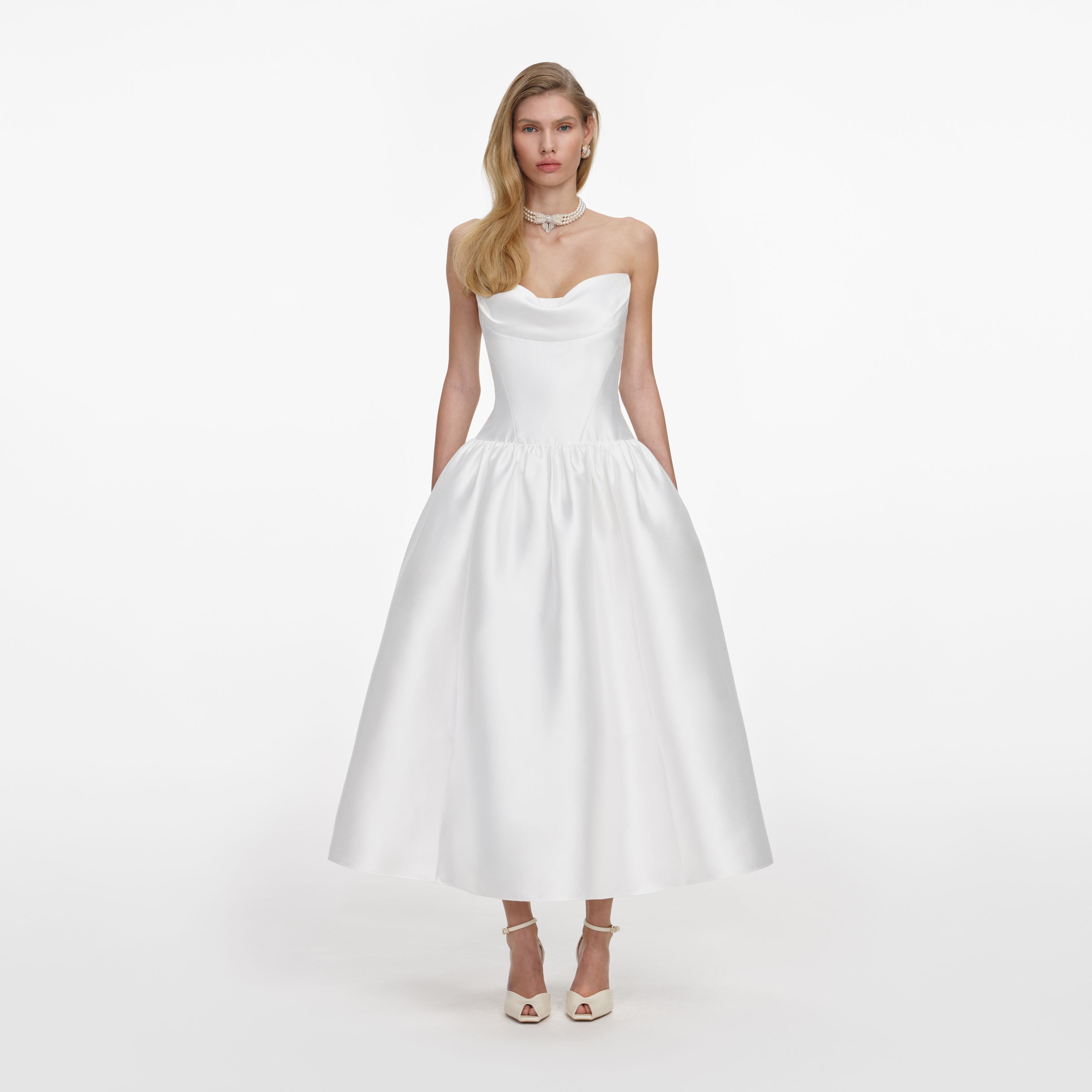 White Taffeta Strapless Midi Dress White Taffeta Strapless Midi Dress