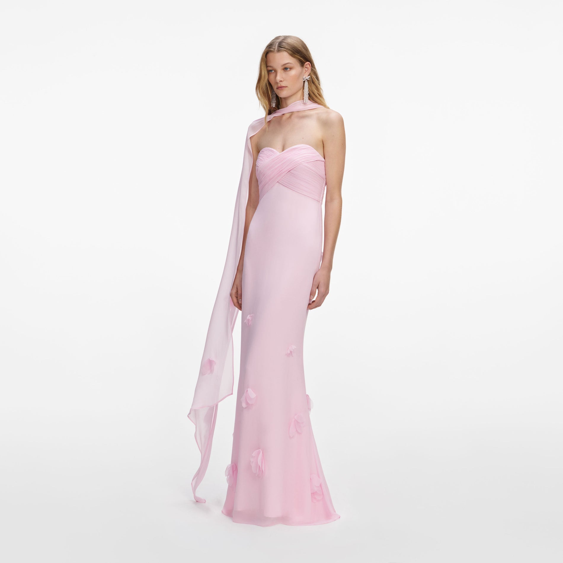Side view of a woman wearing the Pink Georgette Scarf Maxi Dress