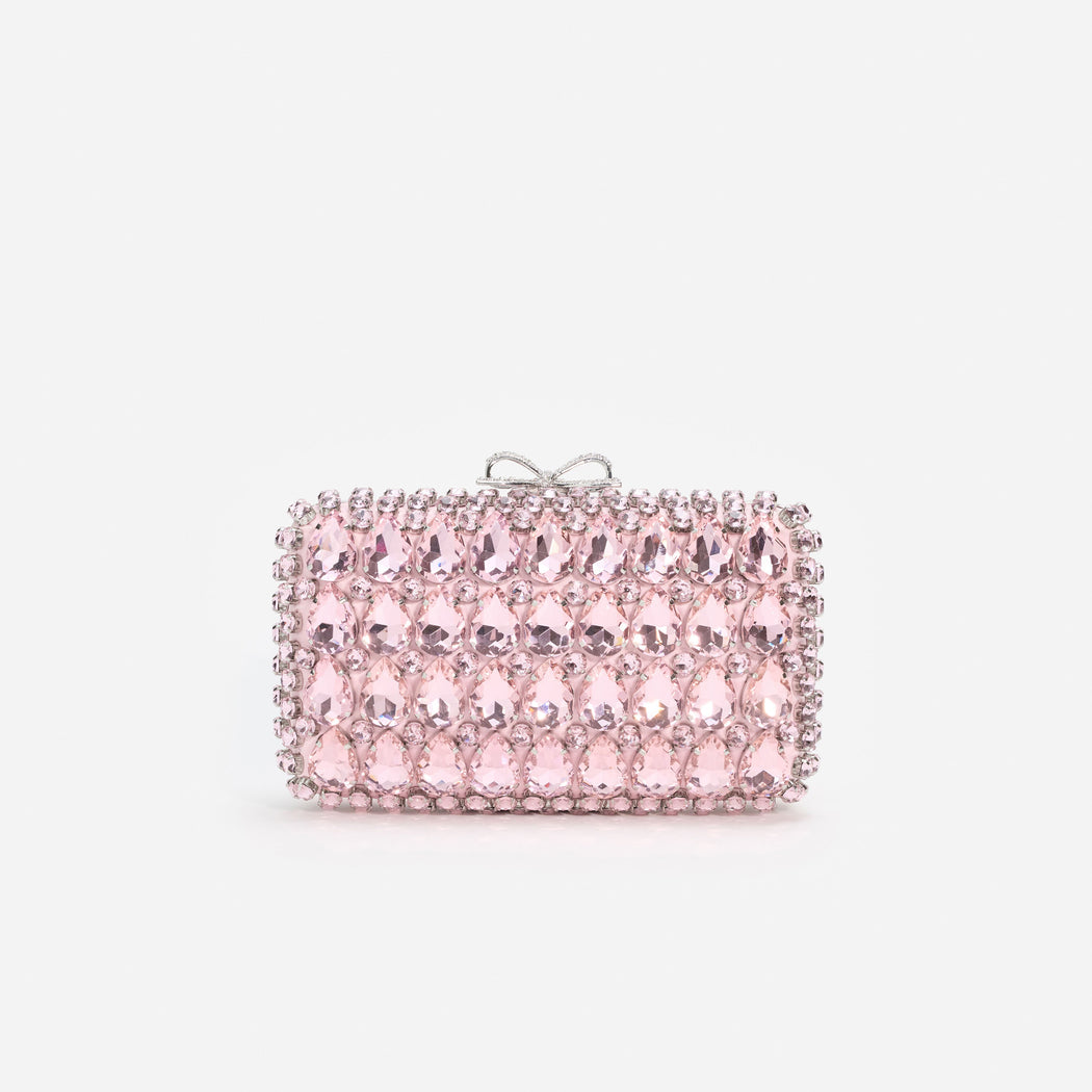 Pink clutch bag with teardrop and round crystals, silver bow clasp