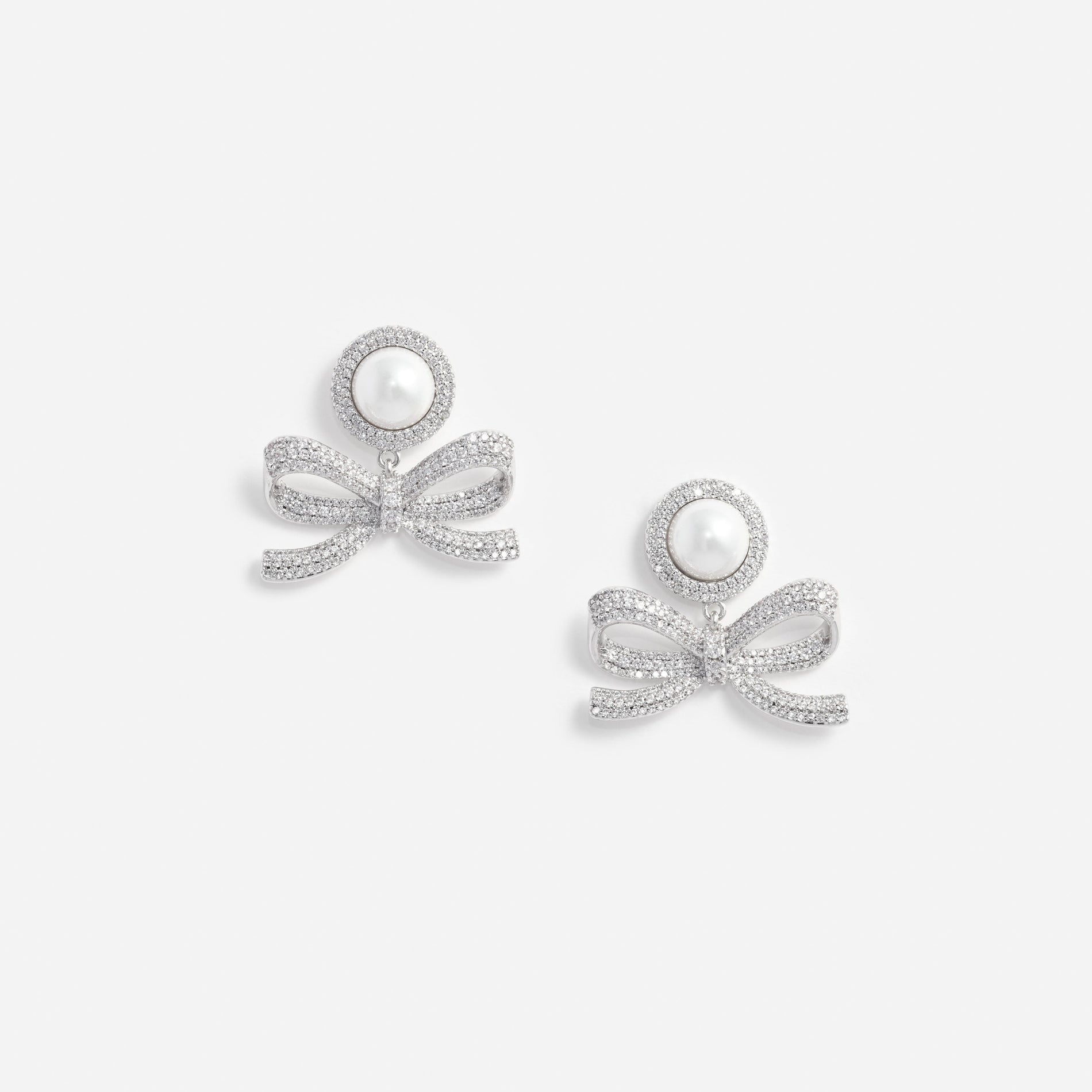 Silver Pearl Bow Drop Earrings