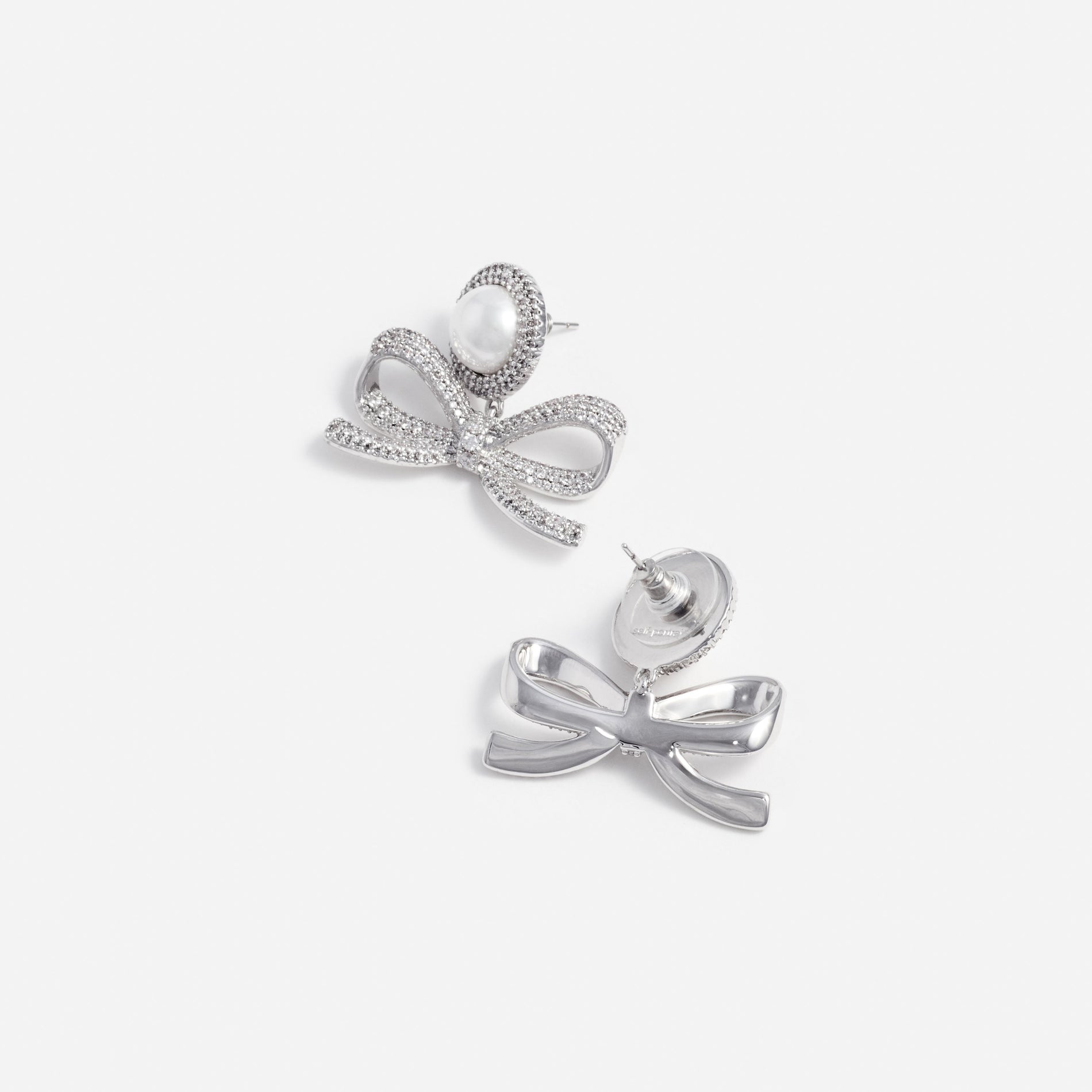 Silver Pearl Bow Drop Earrings