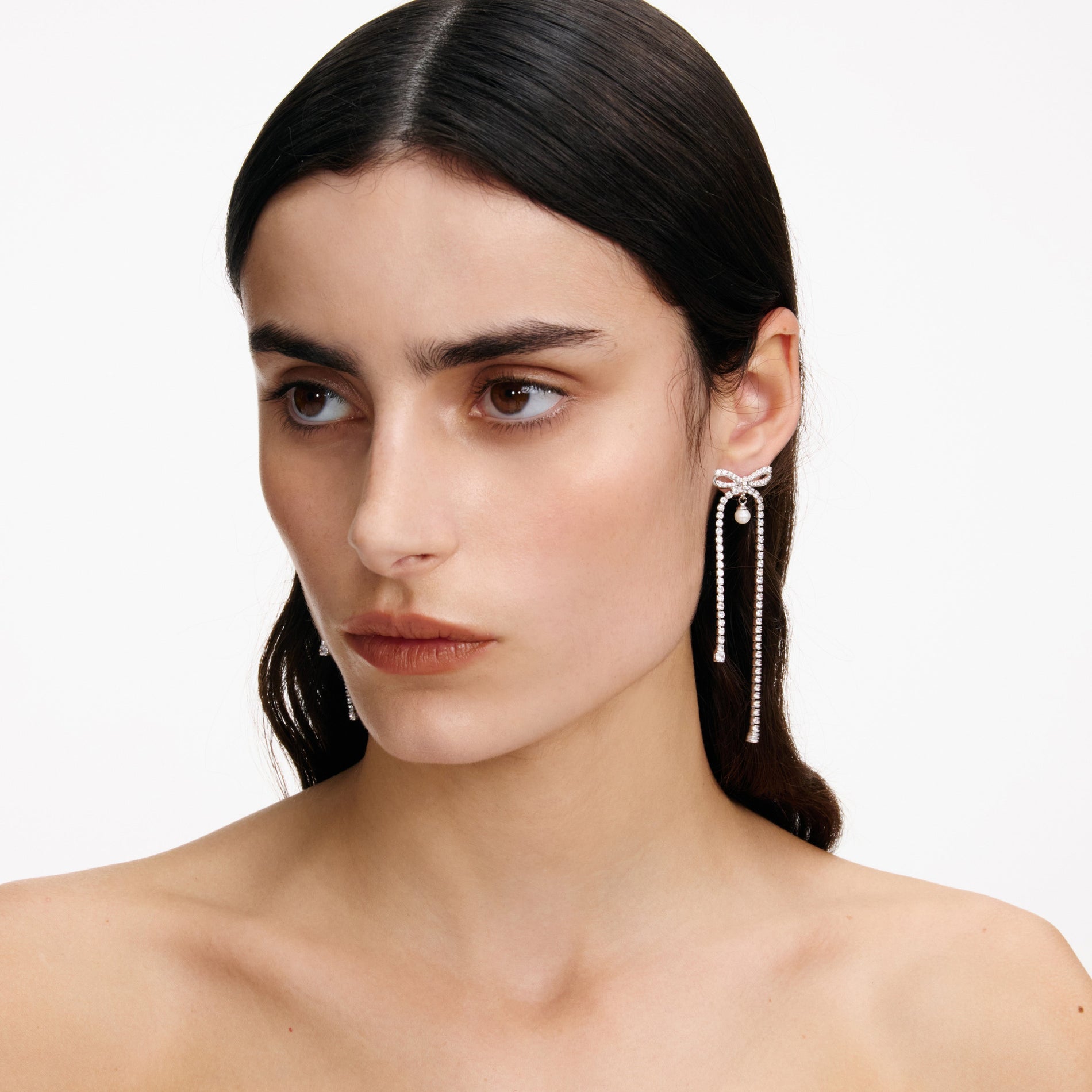 Crystal Bow Pearl Dangle Earrings