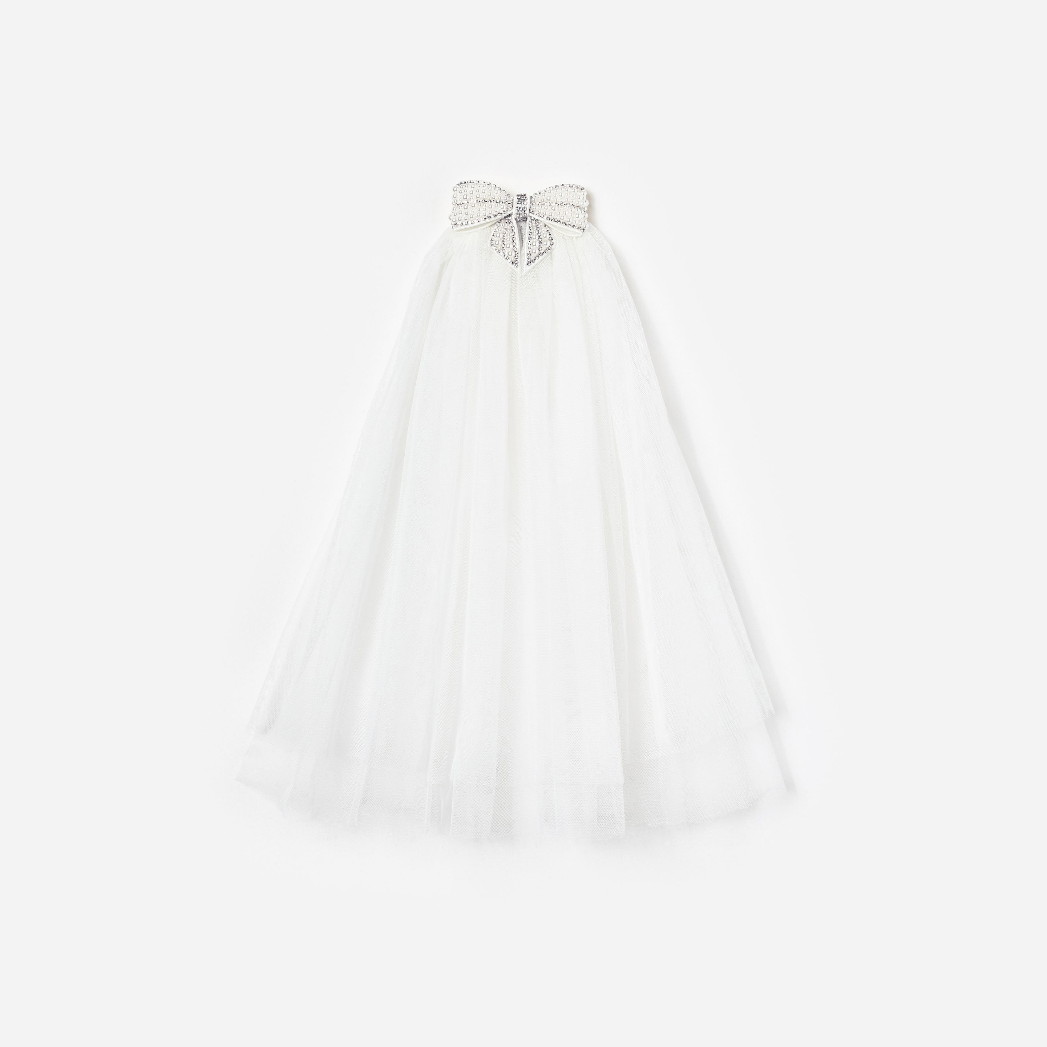White Bow Veil With Attached Clip ???? New White Tulle Bridal Hair Bow, Pearl Bow Veil, Handmade  main image 3