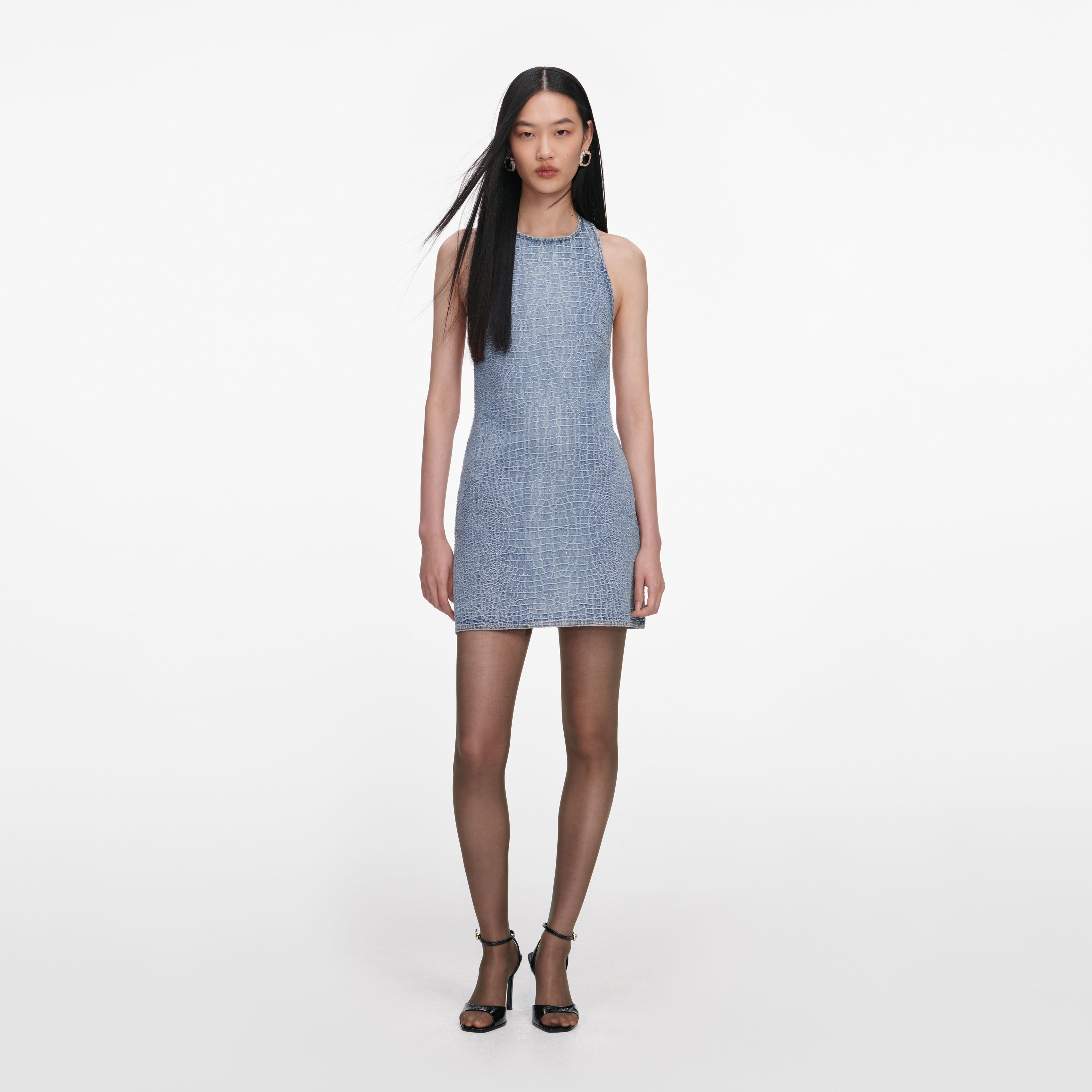 white christmas dresses Denim Crystal Trim Mini Dress – self-portrait-US main image 1