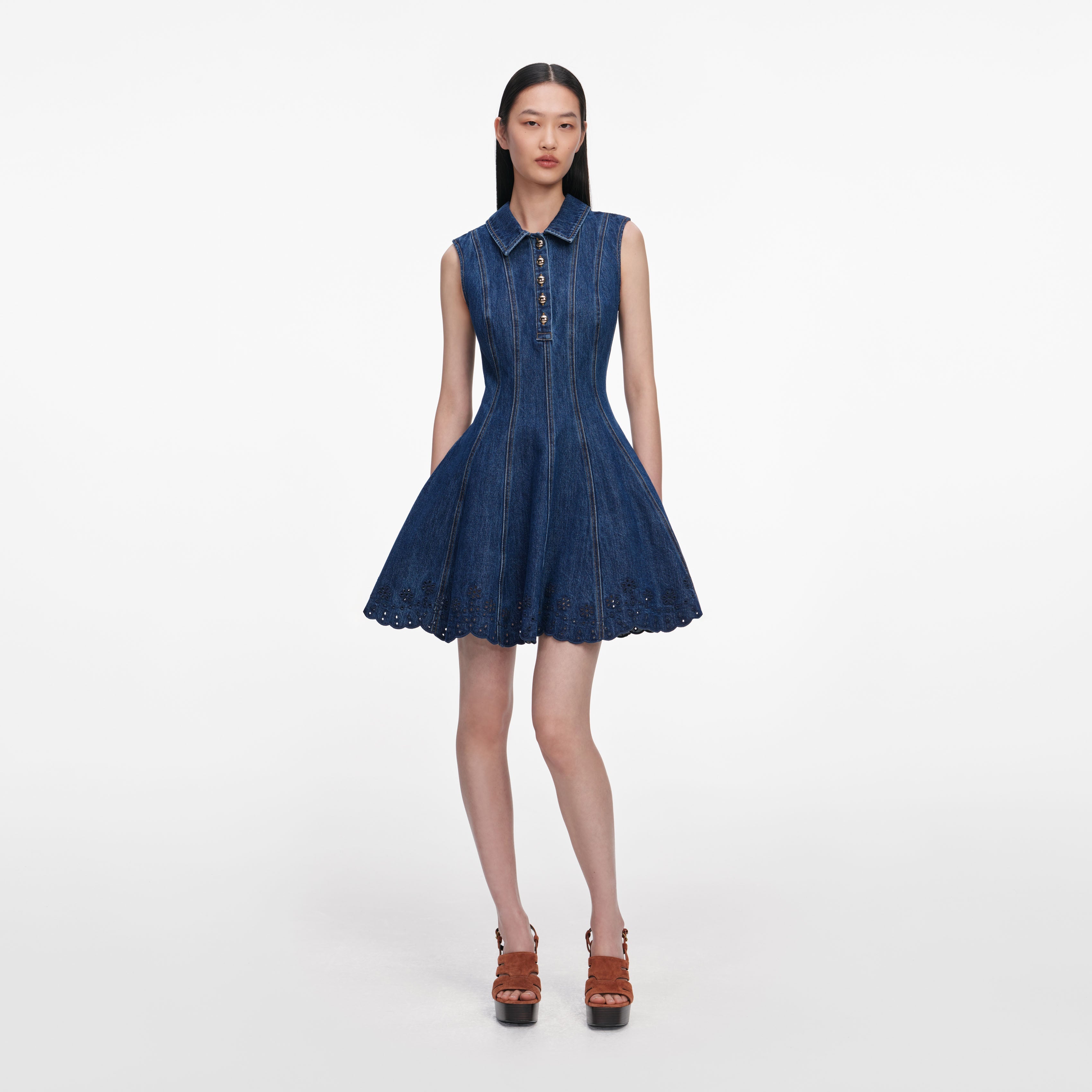 Denim Broderie Mini Dress – self-portrait-US