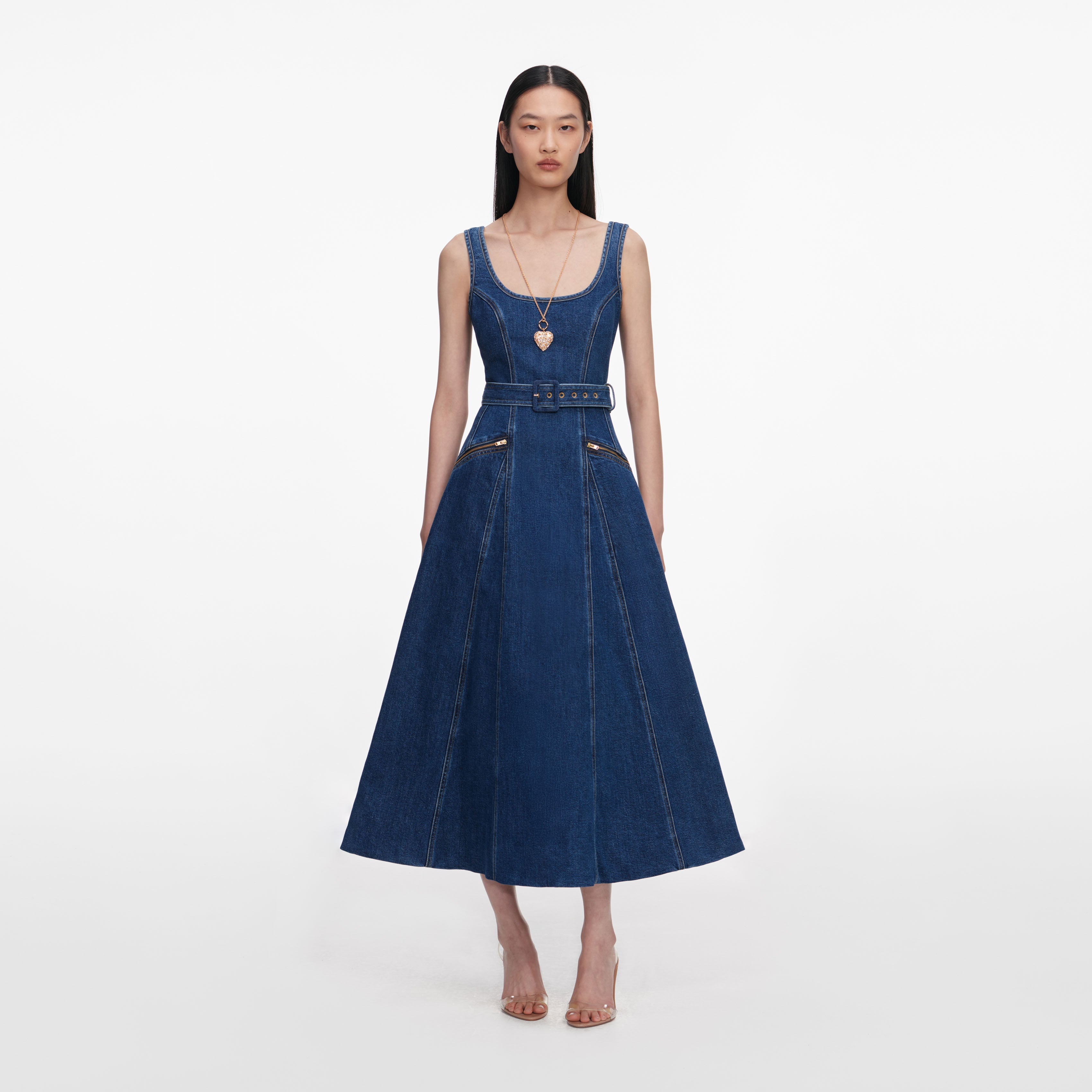 denim dress flared Jeweled Button Denim Cotton Dress M