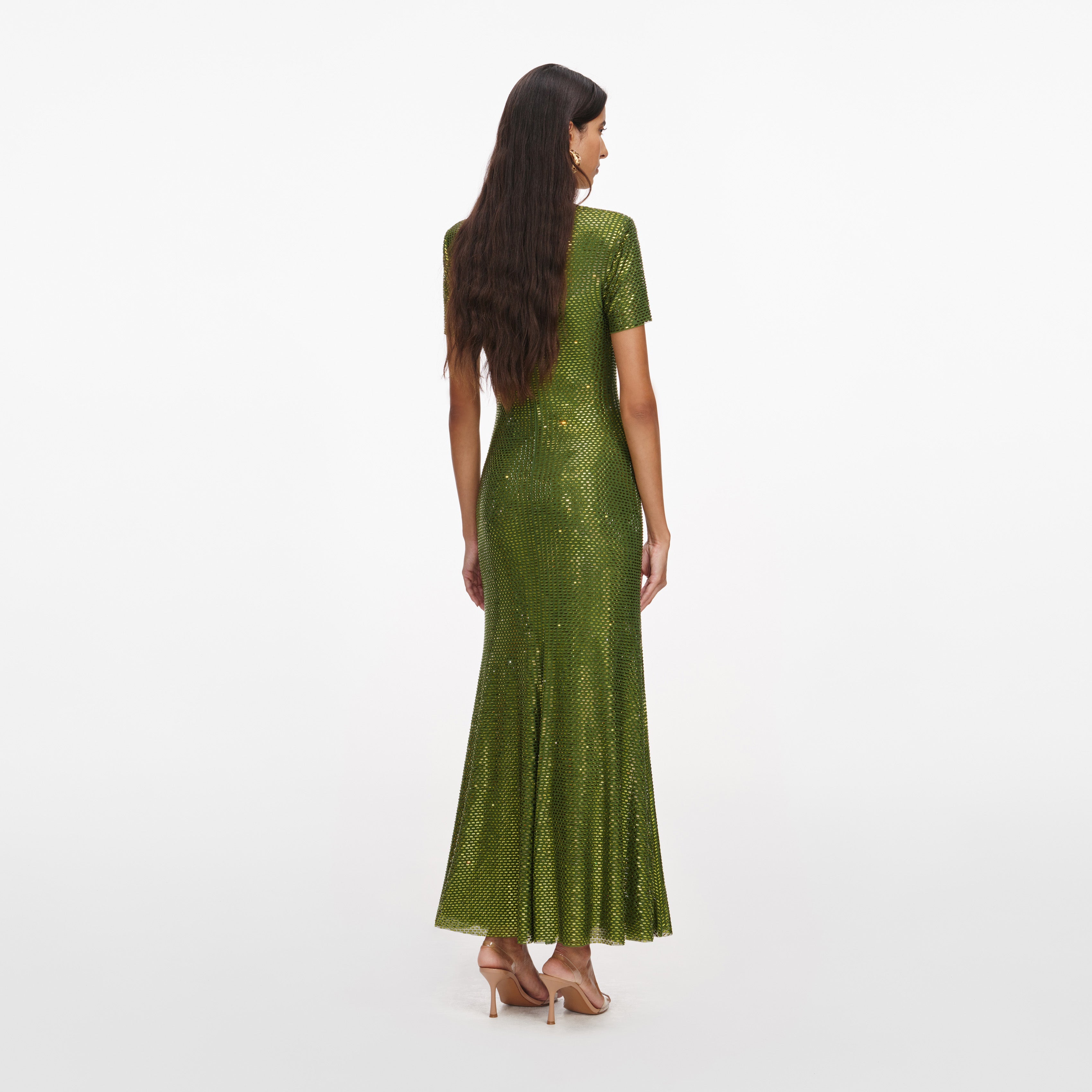 Olive Rhinestone Mesh Midi Dress