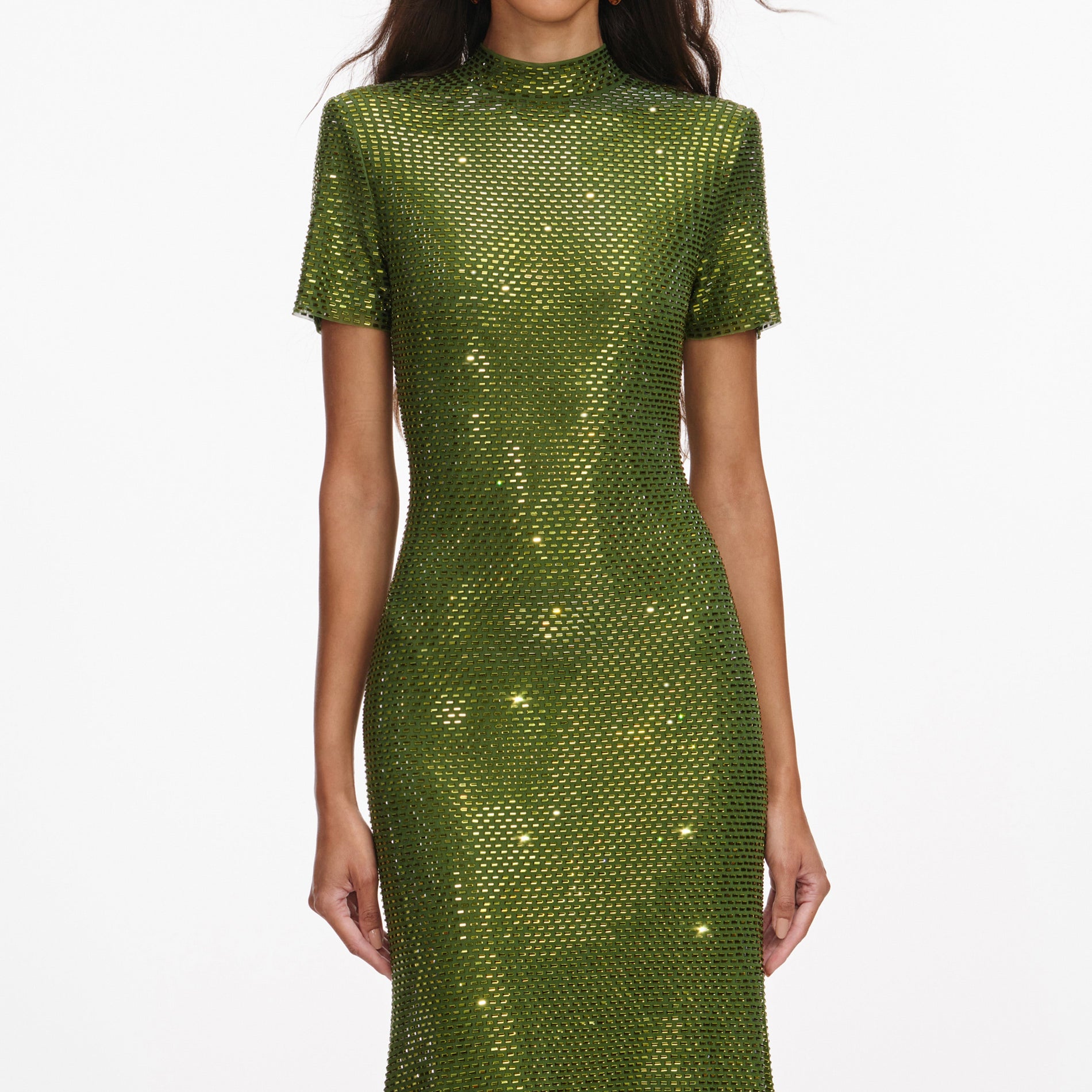 A close up of a woman wearing the Olive Rhinestone Mesh Midi Dress