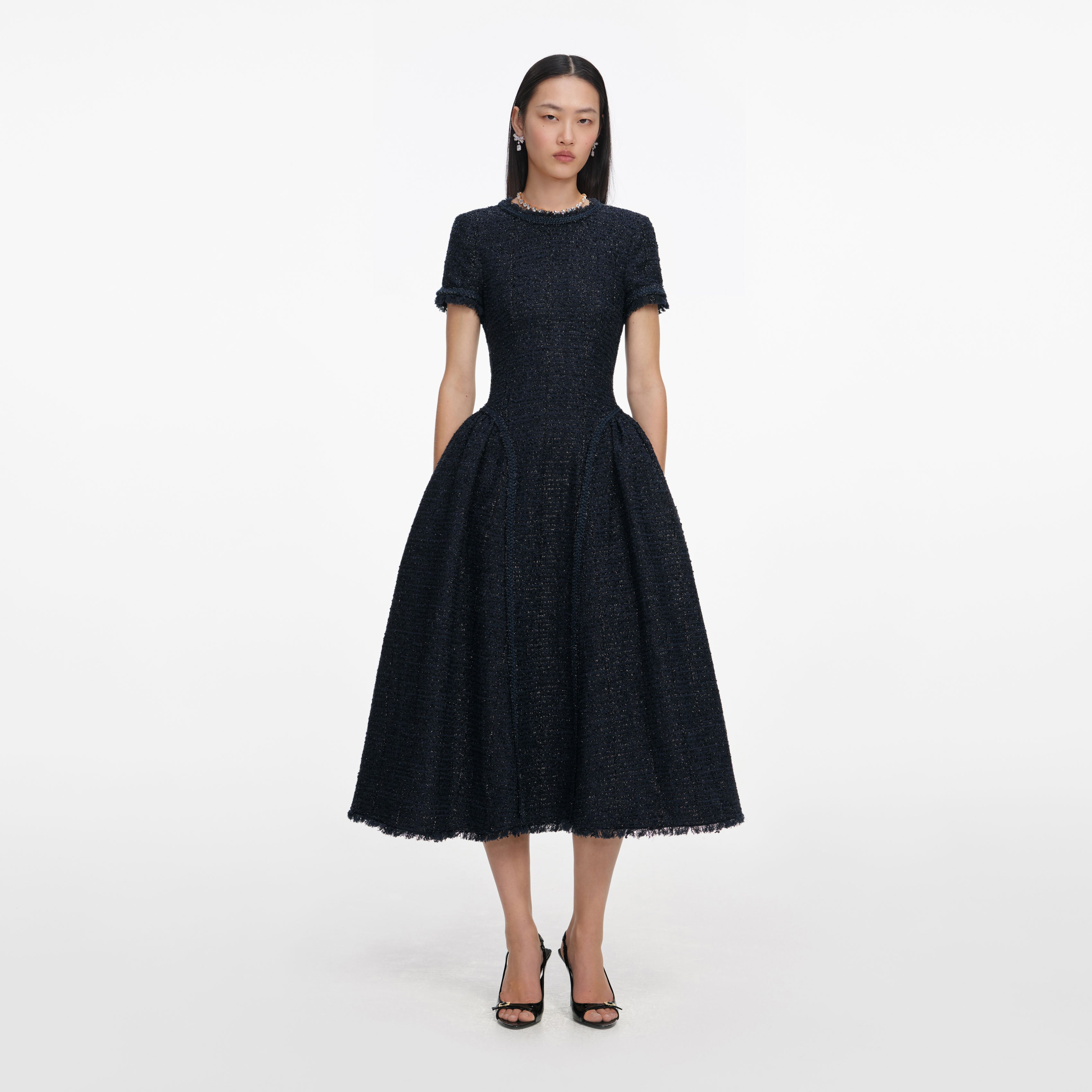 knee length dresses for ladies Navy Boucle Midi Dress – self-portrait-US main image 0