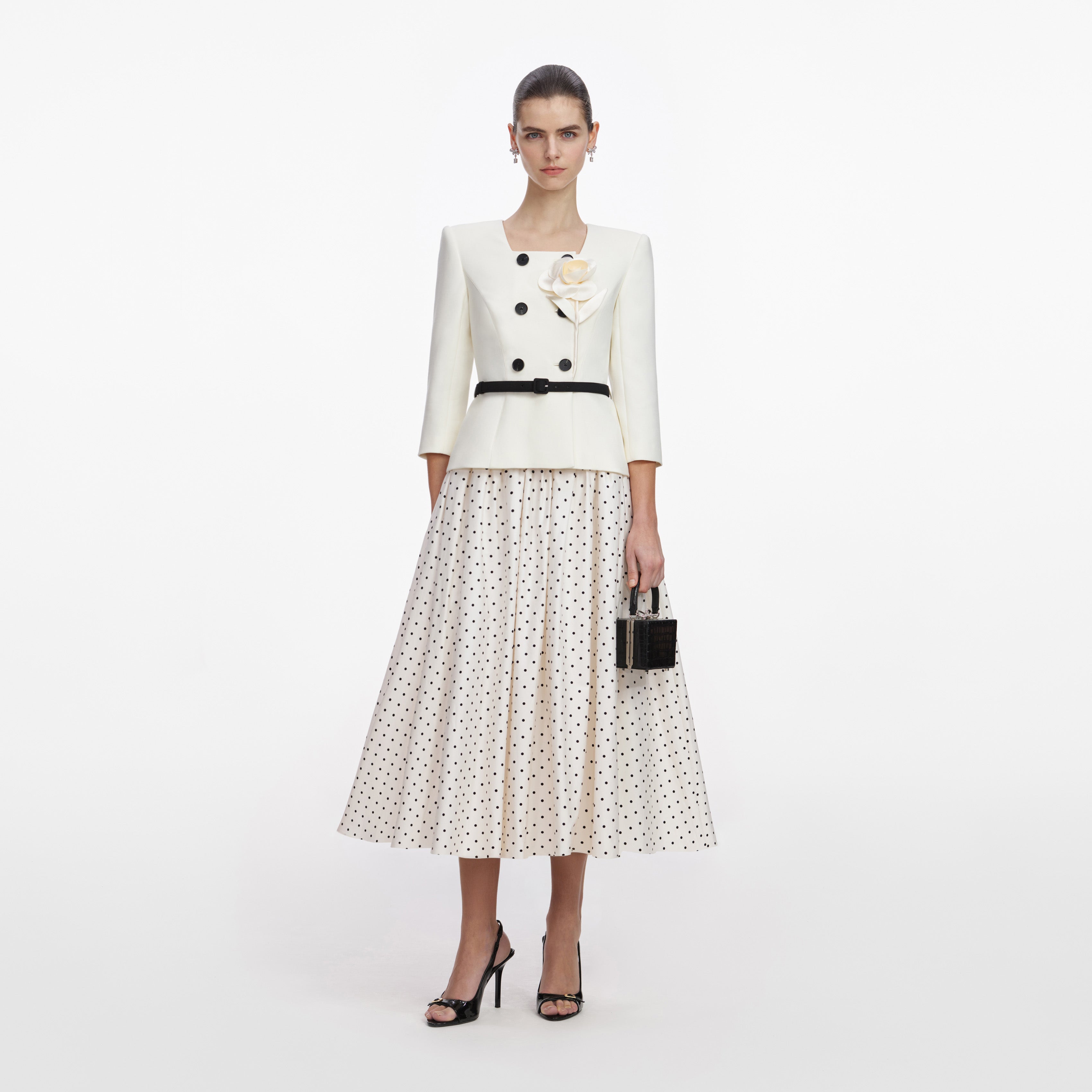 Self-Portrait - Cream 3D Flower Polka Dot Midi Dress